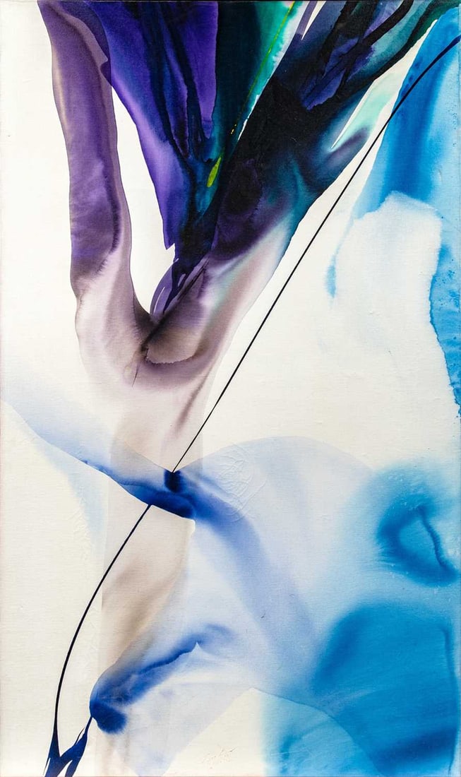 Paul Jenkins: American, 1923-2012 Phenomena Ice Bow, 1966 Signed Paul Jenkins (lc) titled and dated on the verso Acrylic on canvas 63 x 37 1/2 inches (160 x 95.25cm) (Framed 64 1/2 x 39 1/4 inches)