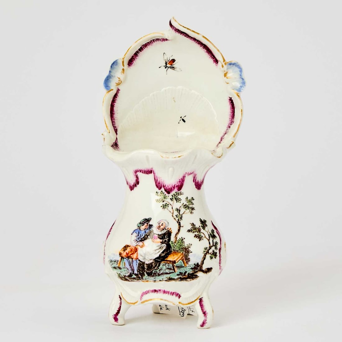 Höchst Rococo Porcelain Lantern: Circa 1757 Of baluster form, the flared rocaille neck below a molded wind shield enriched with puce and painted with insects over a pierced aperture for a candle and small adjacent aperture, the wind 