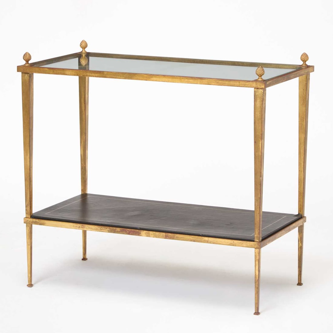 French Gilt Wrought Iron Side Etagere: Probably by Maison Ramsay The lower tier with green leather lined panel. Height 30 1/2 inches (77.5 cm), width 33 1/2 inches (85 cm), depth 17 3/4 inches (45 cm).