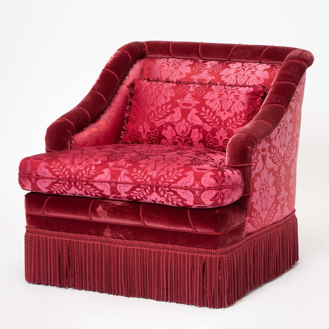 French Pierre Frey Red Velvet Upholstered Club Chair: Late 20th/early 21st century Height 32 inches (81.3 cm), width 33 inches (88.8 cm), depth 22 1/2 inches (57.2 cm). Overall good, please note Doyle does not guarantee the condition of upholstery or ove