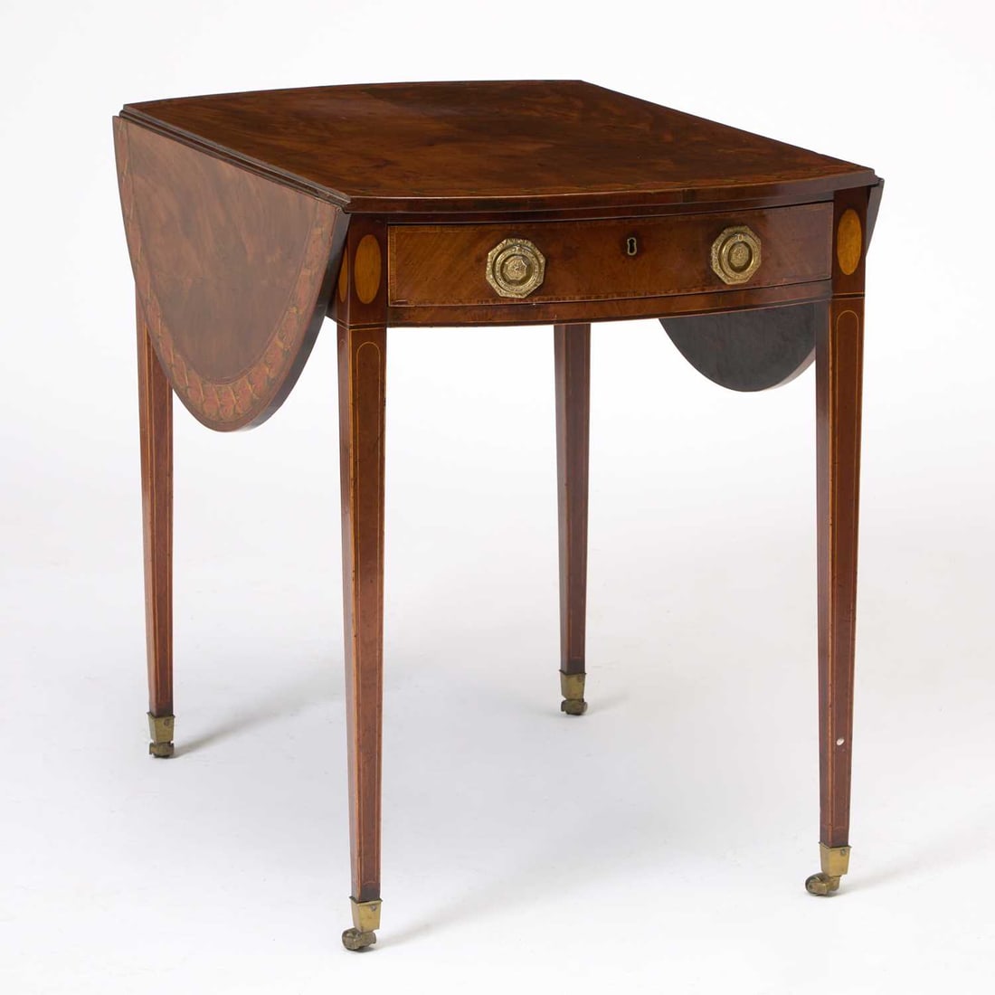George III Mahogany Satinwood and Polychrome Painted Pembroke Table: Circa 1790 The hinged top painted with a honeysuckle and ribbon border above a cross-banded frieze drawer, on tapering square legs ending in brass casters. Height 28 3/4 inches (73 cm), width opened 4