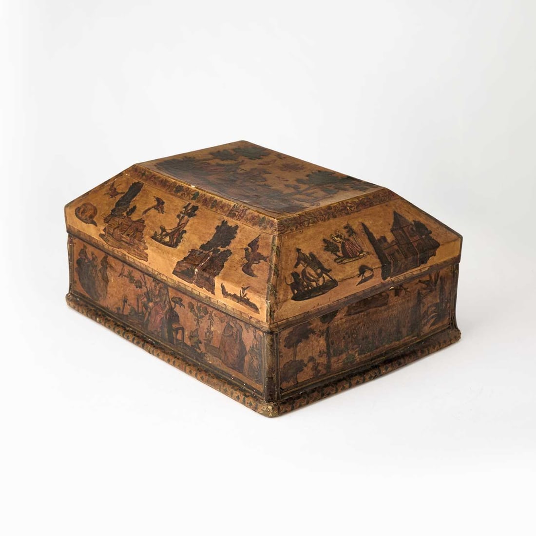 Italian Lacca Povera Paper Casket: Venice, possibly mid-18th century Height 7 1/4 inches (18.4 cm), width 15 1/4 inches (38.8 cm), depth 11 /2 inches (29.2 cm). With some losses.