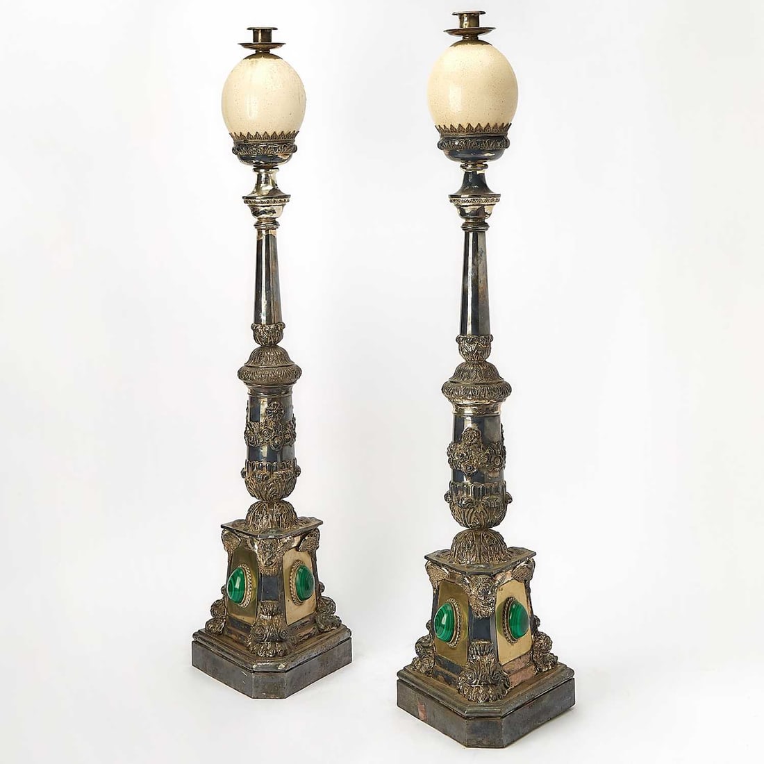 Pair of J. Anthony Redmile Ostrich Egg and Malachite Mounted Silver-Plated Candlesticks (1 of 4)