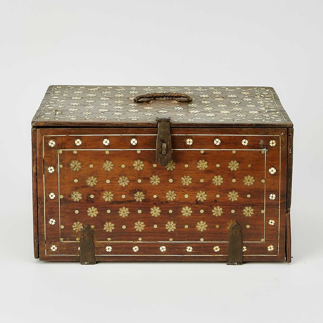 Spanish Renaissance Wrought-Iron Mounted Bone Inlaid Walnut Casket: Early 17th Century Height 7 inches (18 cm) width 12 inches (30.5 cm), height 8 1/4 inches (21 cm).