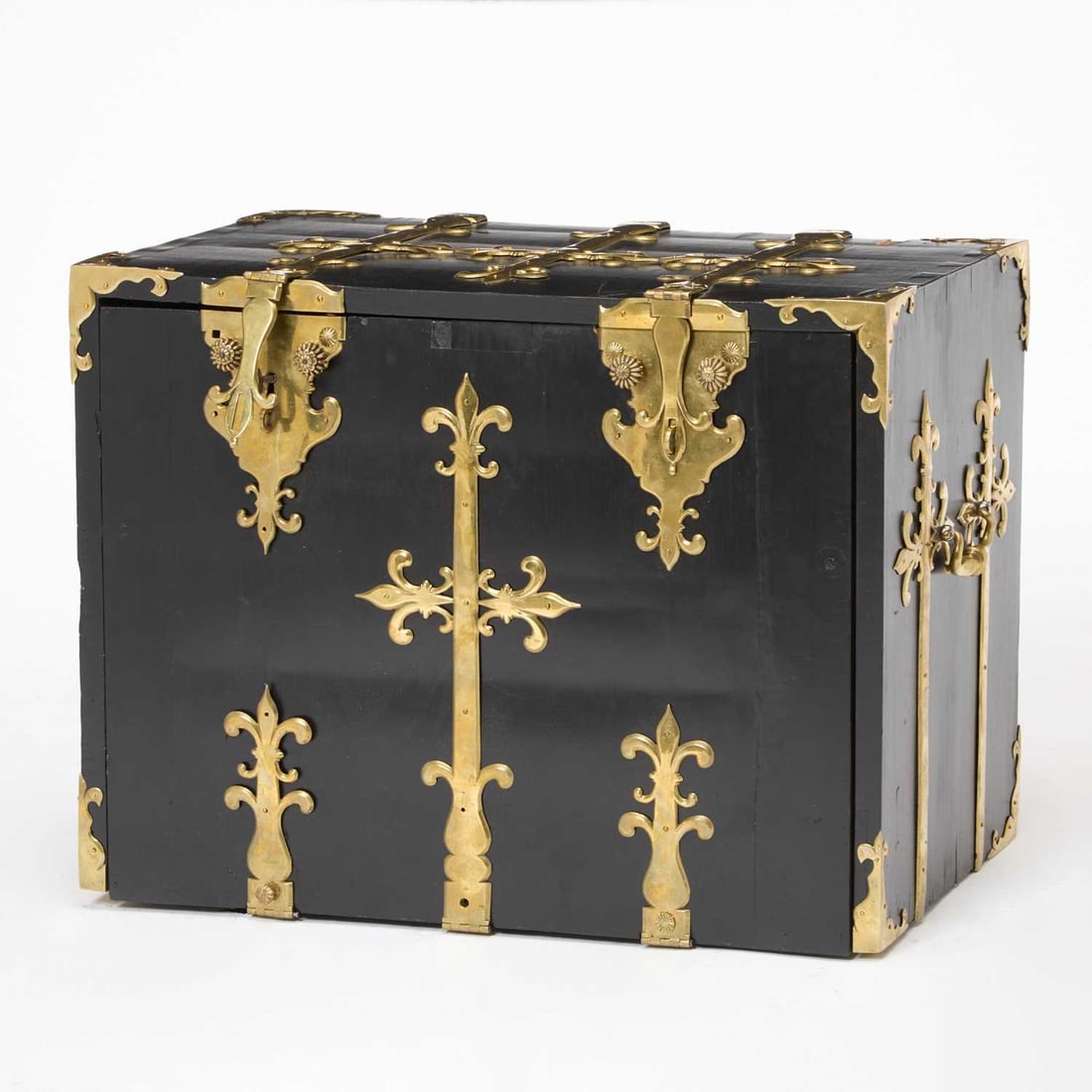 Franco-Flemish Louis XIV Brass Bound Ebonized and Bone Inlaid Coffre Fort: Late 17th century The drop front lid opens to a gilt-painted chinoiserie-style interior with bone floral inlay. Height 20 1/2 inches (52.1 cm), width 27 inches (68.5 cm), depth 18 inches (45.7 cm). <