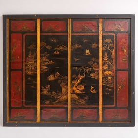 Continental Chinoiserie Framed Four Panel Painted Leather Screen