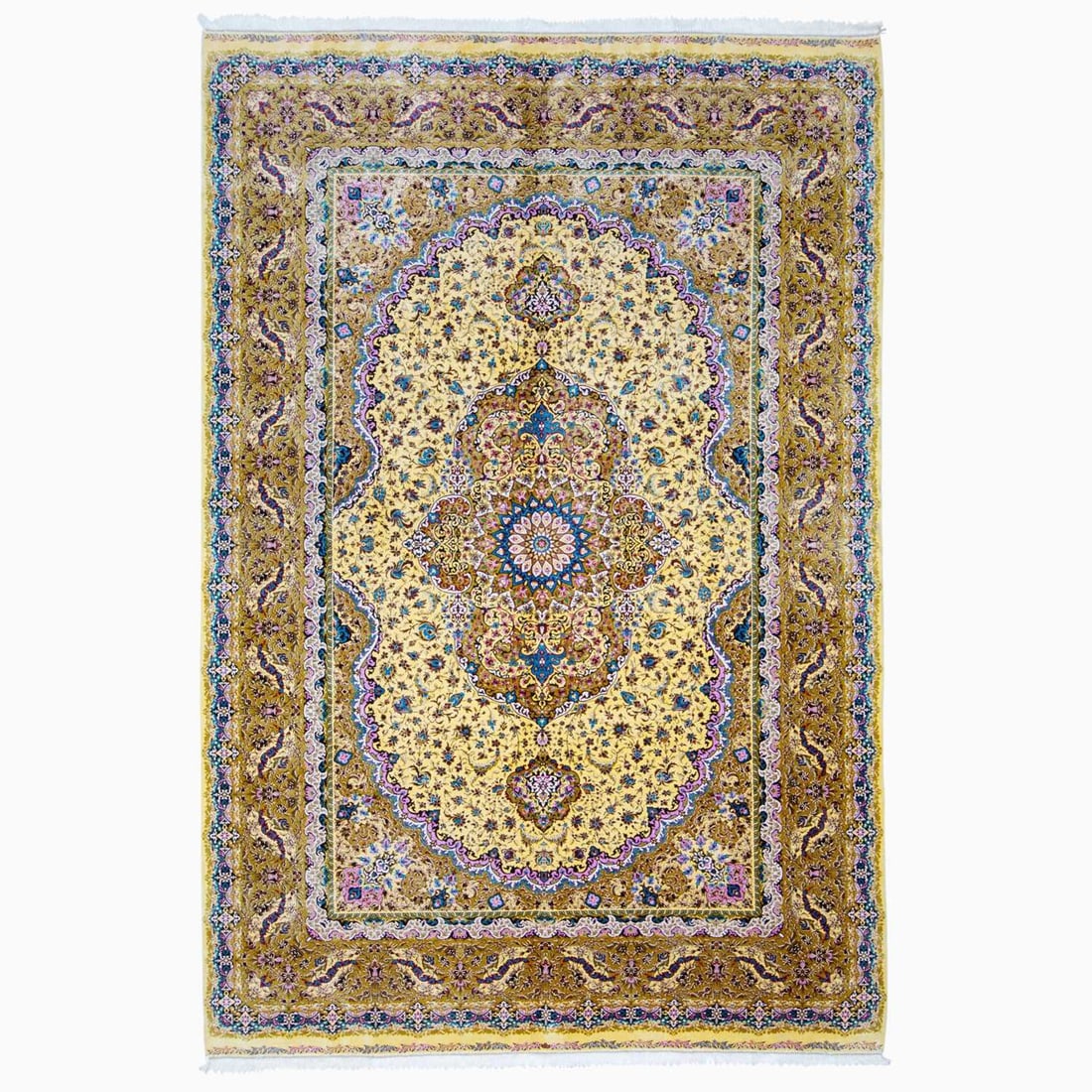 An Extremely Fine Qum Silk Carpet: Central Iran, Contemporary The central oval pendant medallion on the saffron field is within a gold palmette and leaf border. Approximately 861 kpsi (41H x 21V). (9' 7" x 6' 5")