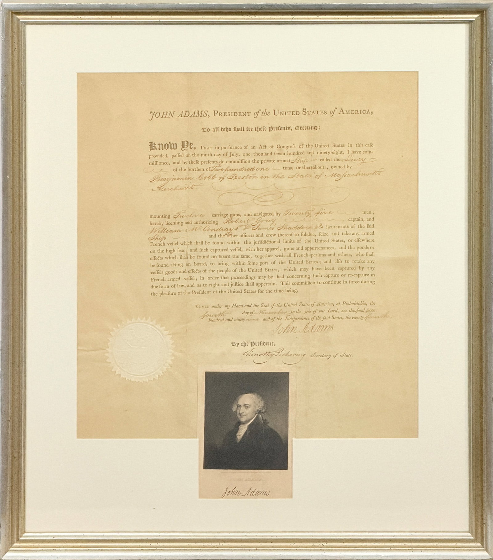 A John Adams Letter of Marque for a privateering voyage captained by Robert Gray (1 of 8)