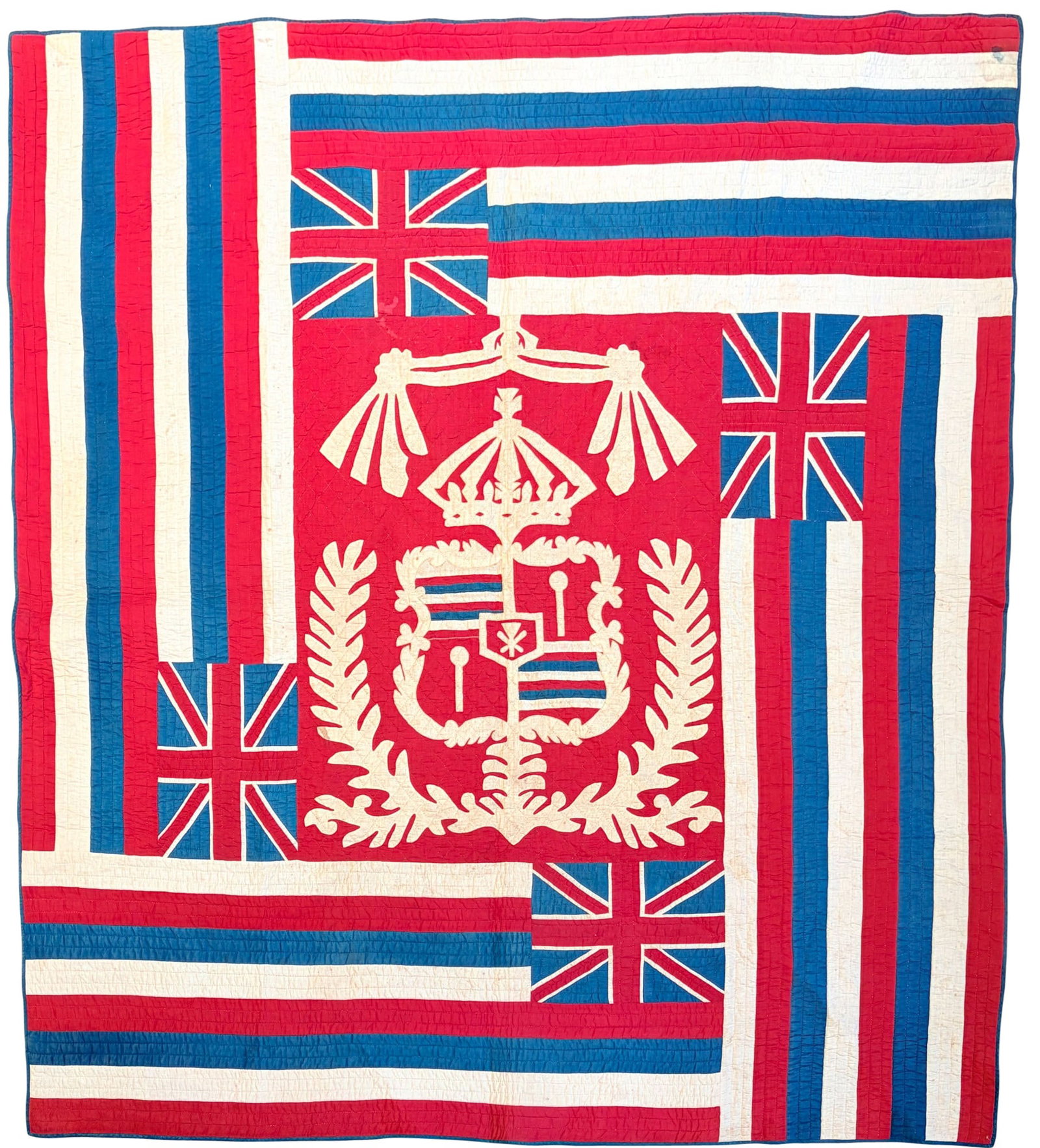 Pieced and Appliqued Cotton Hawai'ian Pre-Statehood Flag Quilt: Late 19th/early 20th Century, probably after 1893 Designed as four Hawai'ian flags surrounding the Hawai'ian royal crown and coat-of-arms. 82 x 74 inches. Provenance: Descended in the family of the