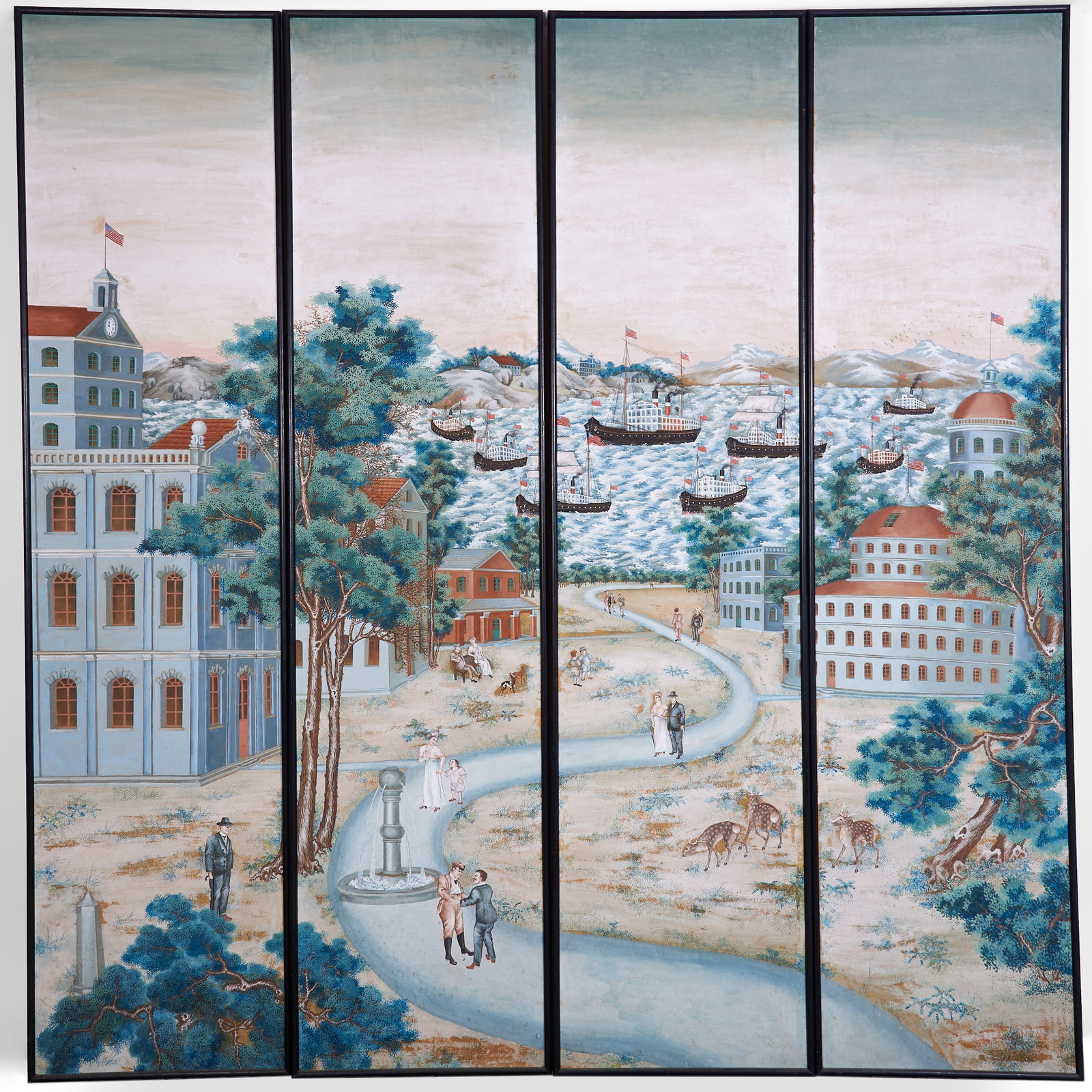 A Rare and Unusual Set of Four Chinese Export Wallpaper Panels for the American Market Late Qing: 19th century Gouache on paper; depicting a contiguous scene of an American port community in which figures in semi-formal attire leisurely congregate amidst buildings within a park-like campus with