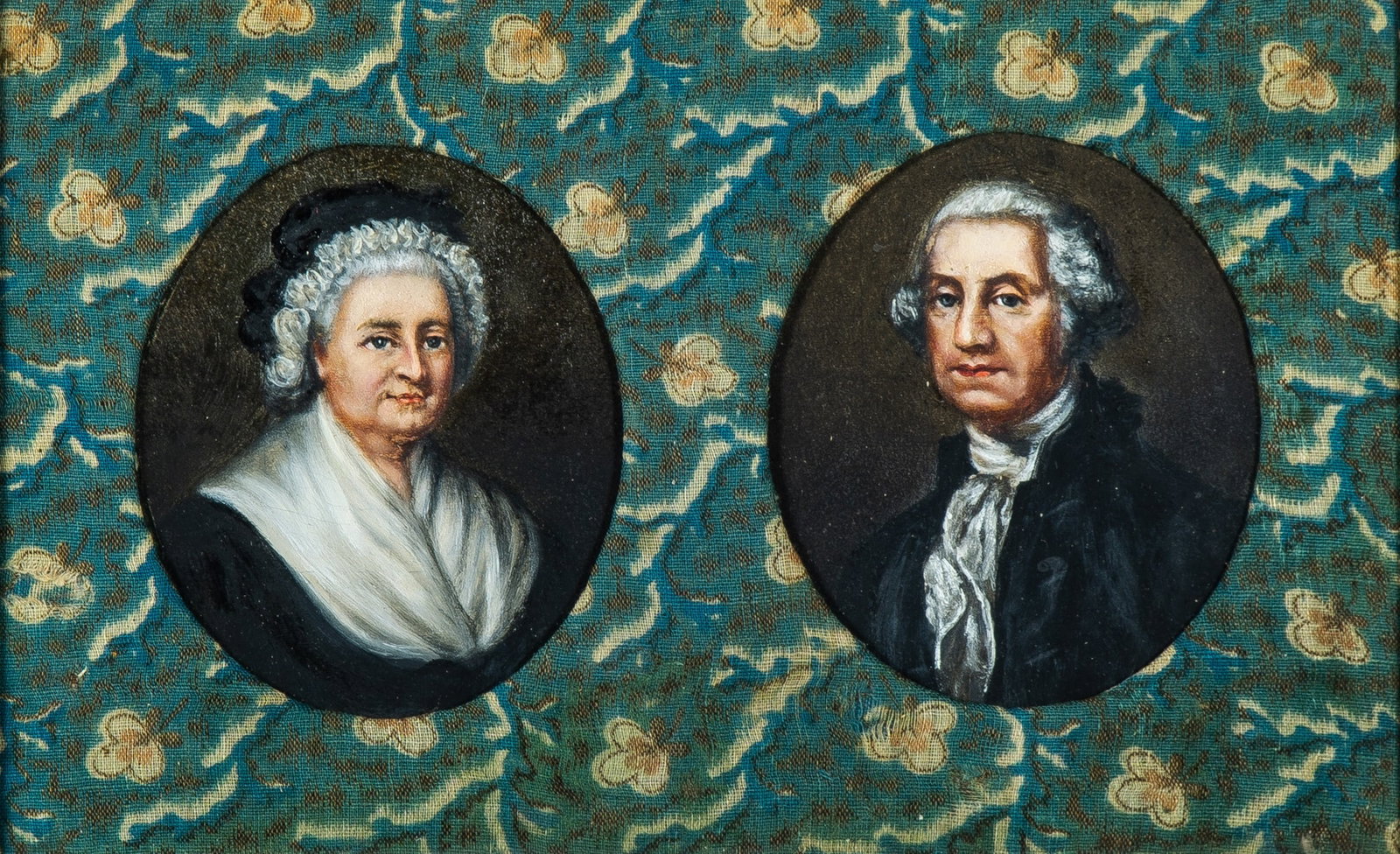 Framed Portrait Set of George and Martha Washington: 19th century The oil miniature portraits set within a fabric mat said to be made from a fragment of a dress worn by Martha Washington, and a beaded wood frame said to be made of wood from Mount
