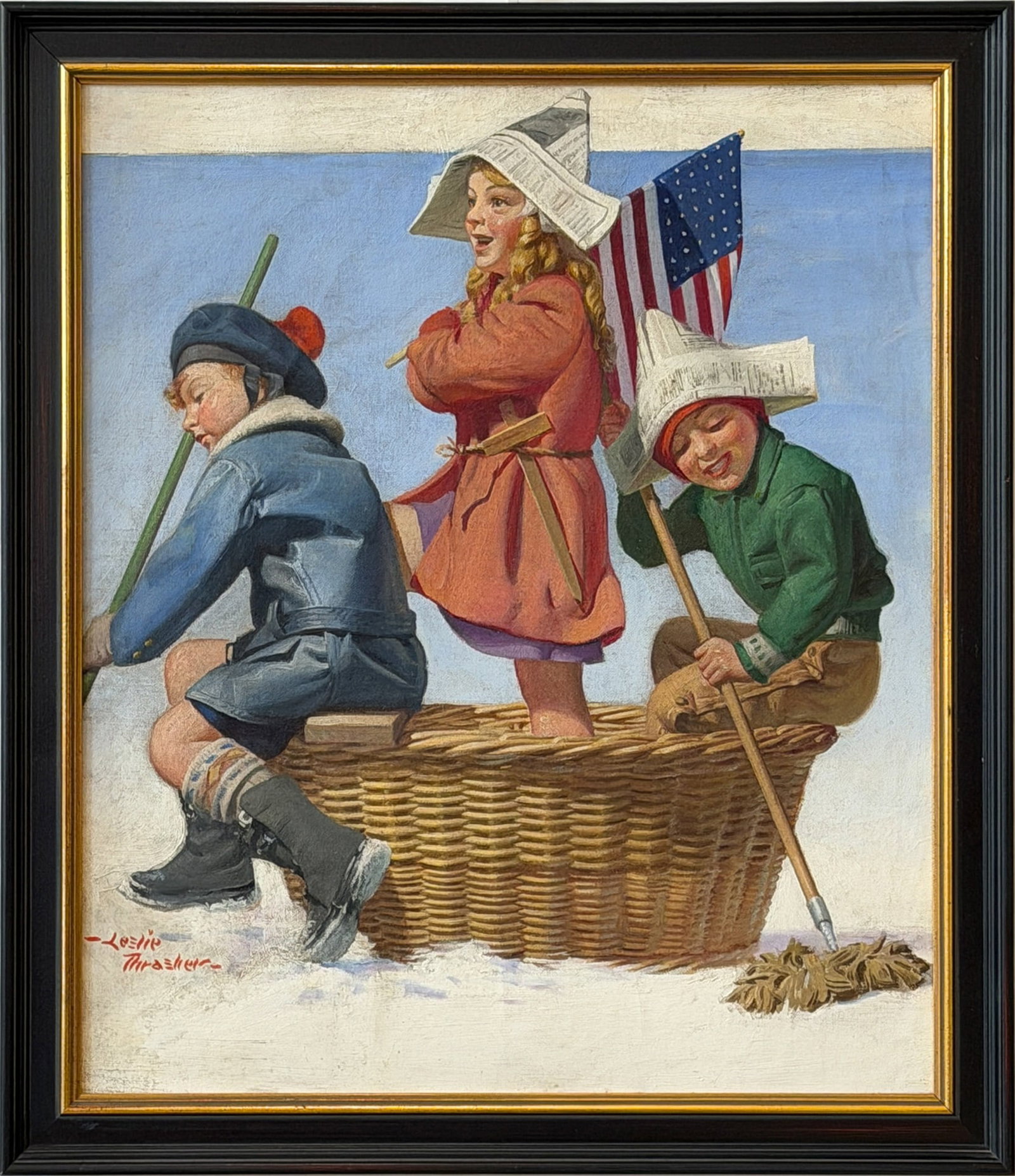 Leslie Thrasher: American, 1889-1936 Crossing the Delaware: Liberty Magazine Cover for February 2, 1932 Signed Leslie Thrasher (ll) Oil on canvas 17 x 20 inches Framed 22 1/2 x 19 1/2 inches Included in the sale of