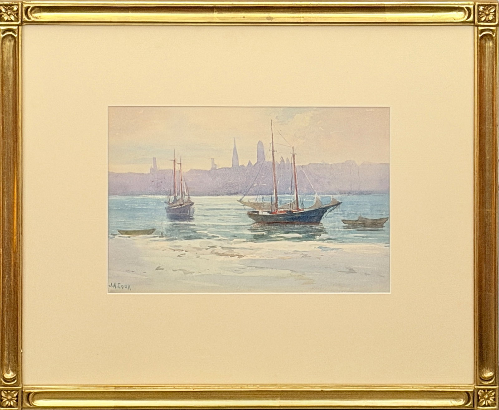 John Alfred Cook: American, 1870-1936 Gloucester Harbor Signed J. A. Cook (ll) Watercolor on paper Sight 7 x 10 1/4 inches Framed 15 1/4 x 18 1/4 inches