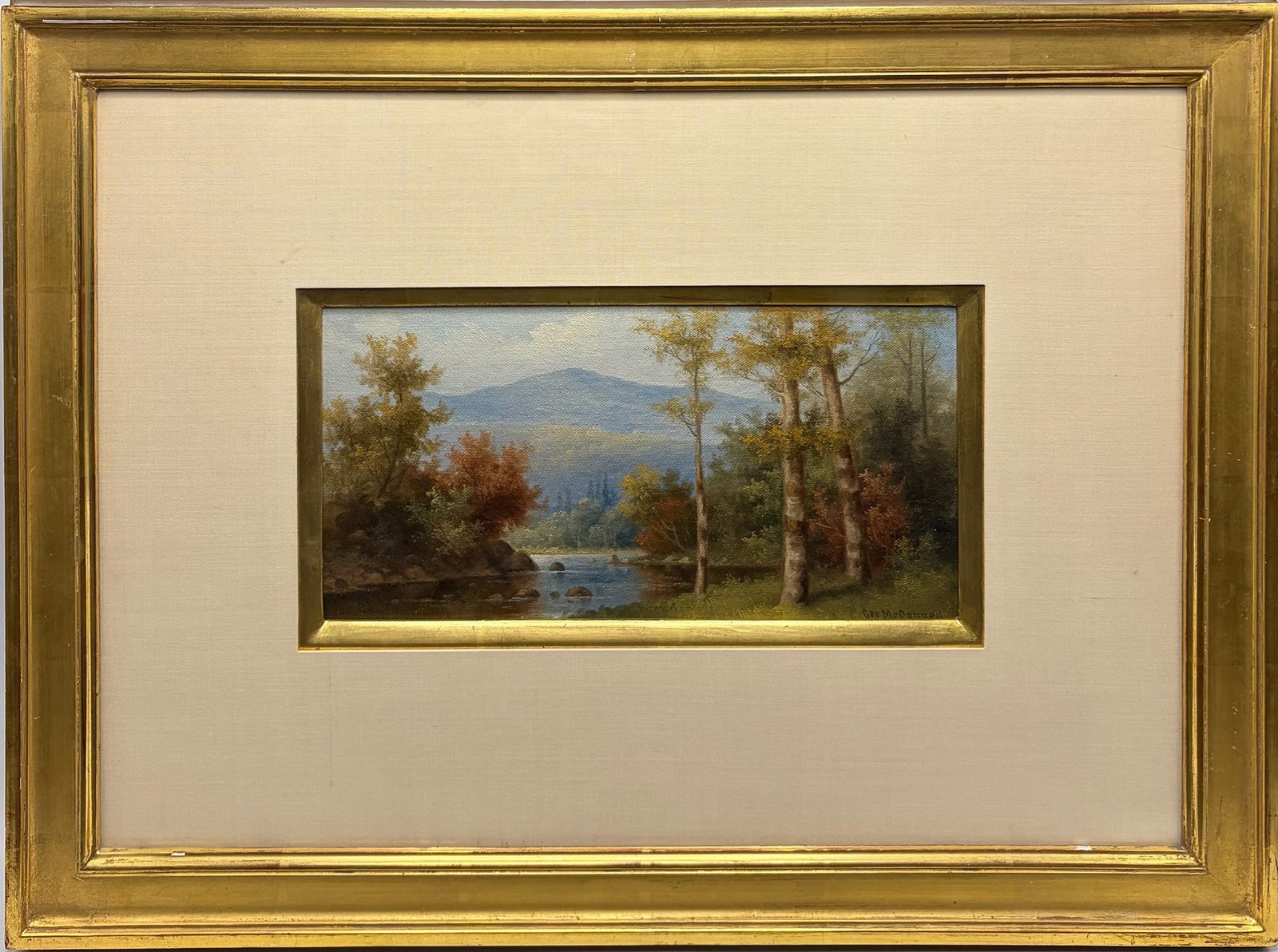 George McConnell: American, 1852-1929 View of the White Mountains, Scene II Signed Geo McConnell (lr) Oil on linen Sight 5 1/4 x 11 inches Framed 16 x 21 1/2 inches Provenance: The Crane Collection, Boston,