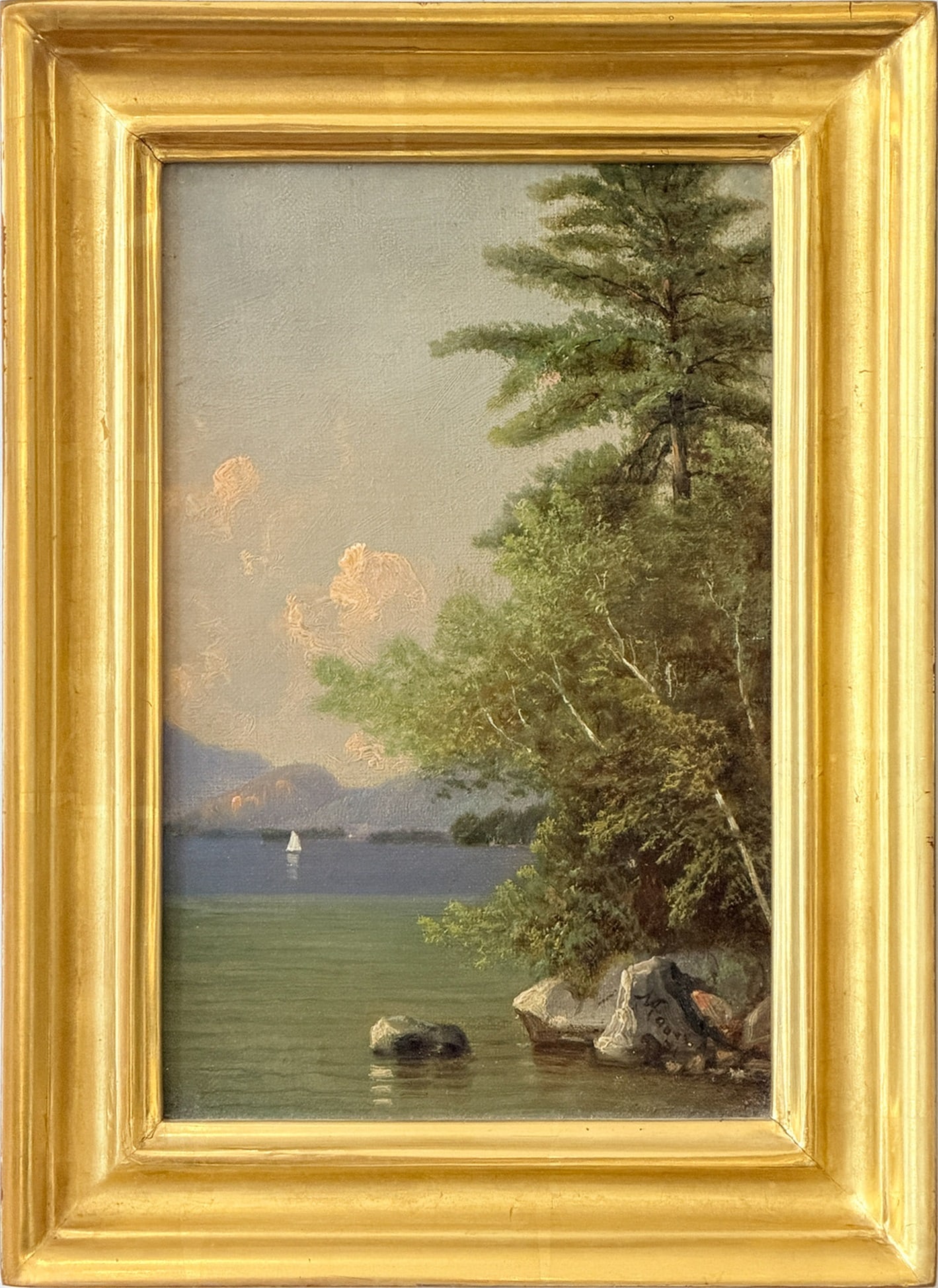 Nelson Augustus Moore: American 1824-1902 A Gentle Sail, 1881 Signed and dated Moore 81 (lr) Oil on canvas 9 x 5 3/4 inches Framed 11 1/2 x 6 1/4 inches Provenance: Vose Galleries, Boston, Massachusetts