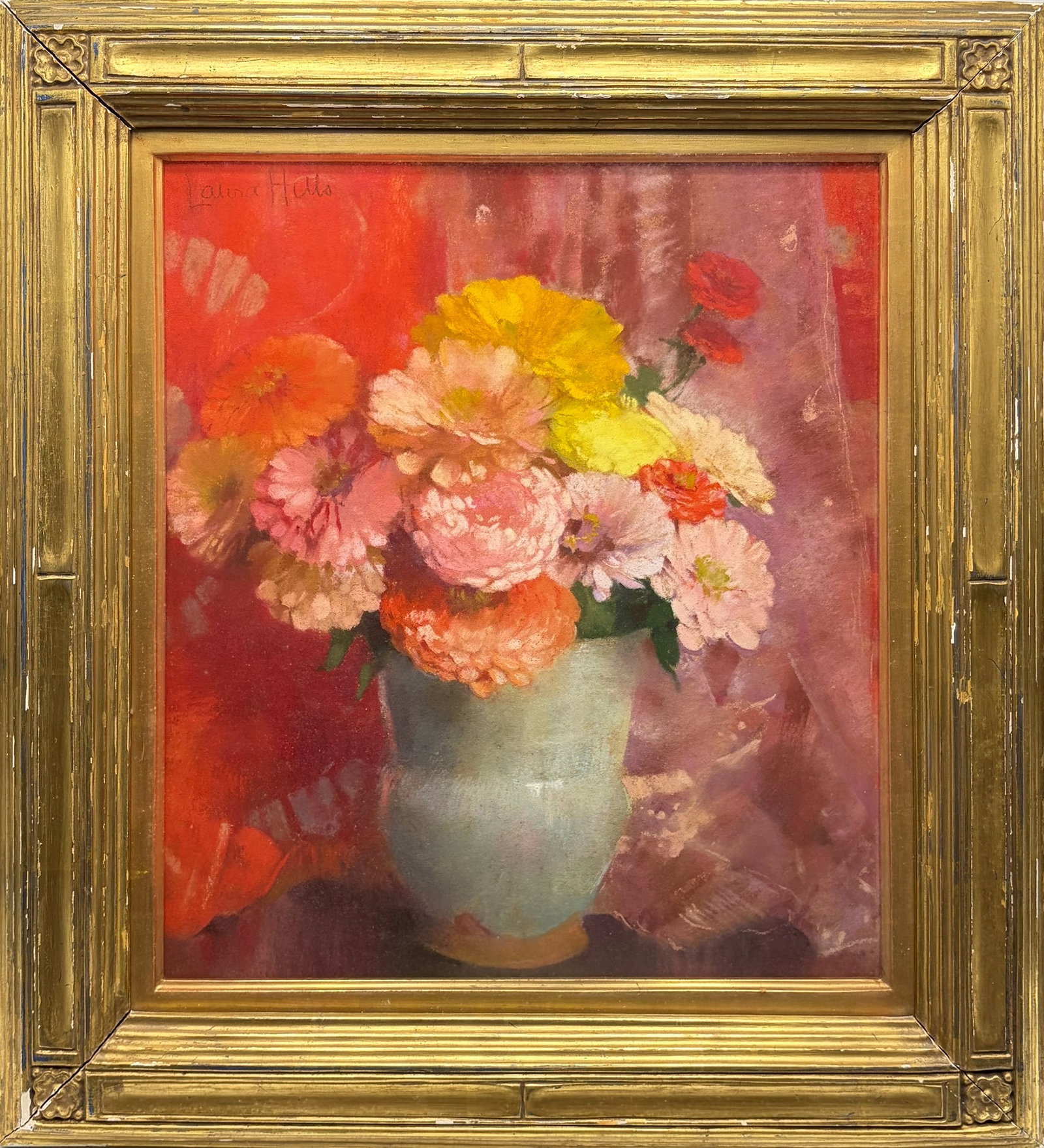 Laura Coombs Hills: American, 1859-1952 Zinnias and Red Signed Laura Hills (ul) and titled on label on reverse Pastel on paper 14 x 12 inches Framed 19 x 17 inches Provenance: The Guild of Boston Artists, Boston,