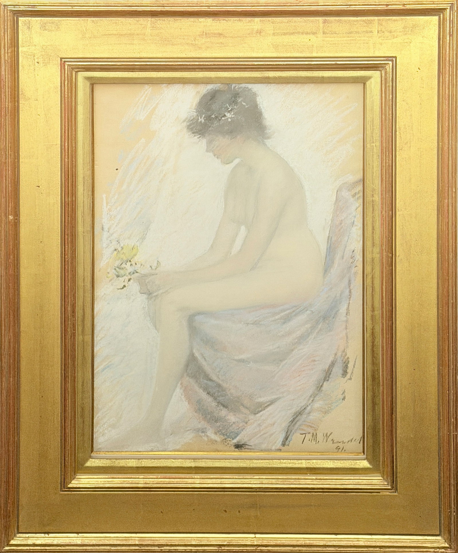 Theodore M. Wendel: American, 1859-1932 French Girl with Flowers, 1891 Signed and dated T. M. Wendel 91 (lr) Pastel on paper 20 x 14 1/4 inches Framed 29 1/2 x 23 3/4 inches Provenance: Beacon Hill Fine Art, Boston,