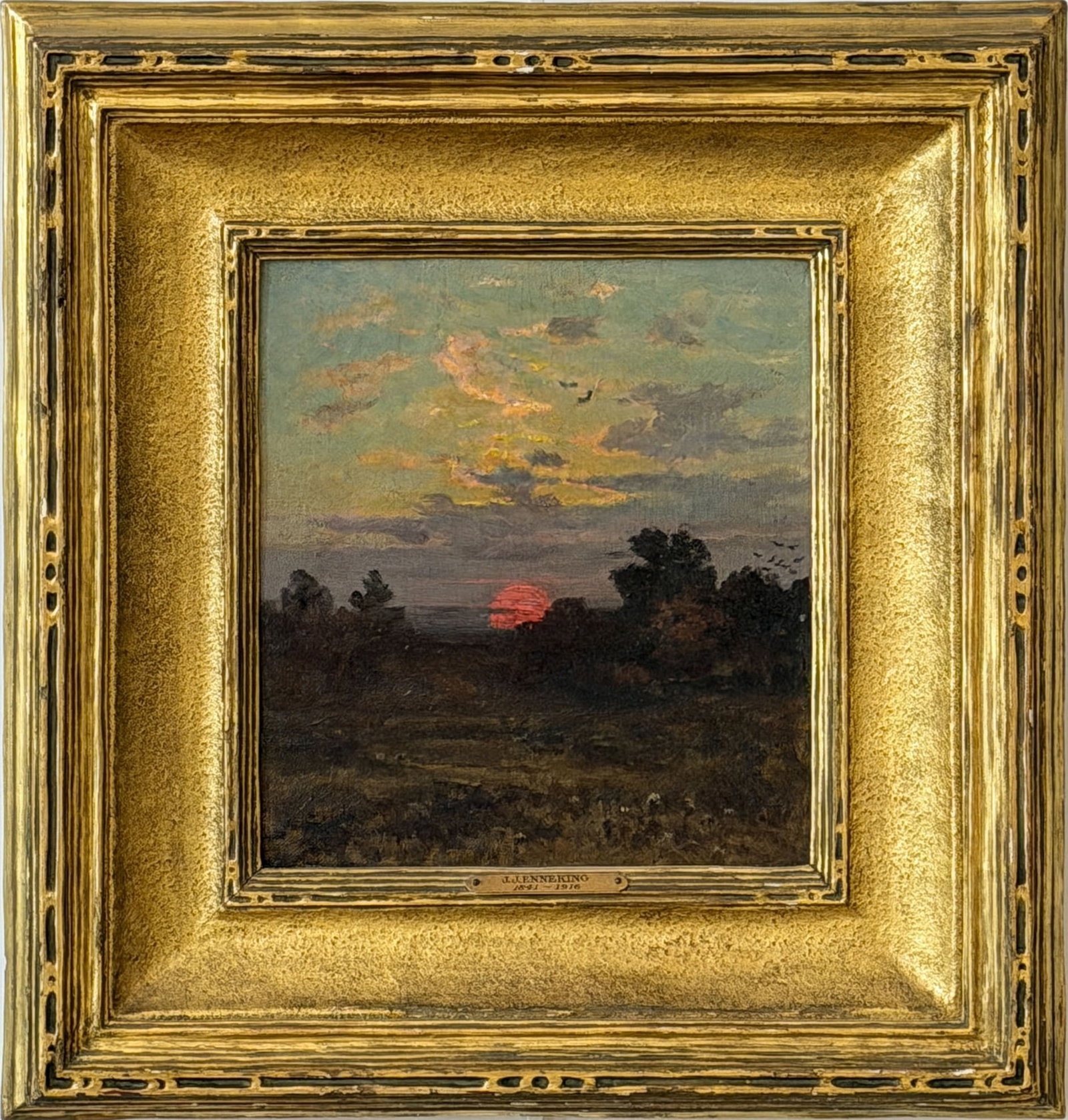 John Joseph Enneking: American, 1841-1916 Sunset on the Coast Oil on board 9 3/4 x 9 inches Framed 17 1/4 x 16 1/2 inches Incised Carrig-Rohane Shop, Inc. / R. C. Vose #3656 on the frame Provenance: Vose Galleries,