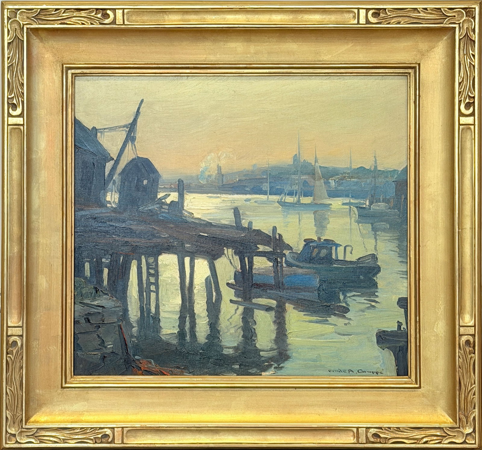 Emile Albert Gruppe: American, 1896-1978 Gloucester, Sunset Signed Emile A. Gruppe (lr) Oil on canvas 18 x 20 inches Framed 26 1/4 x 28 inches Provenance: Spanierman Gallery, New York, New York Provenance: Spanierman