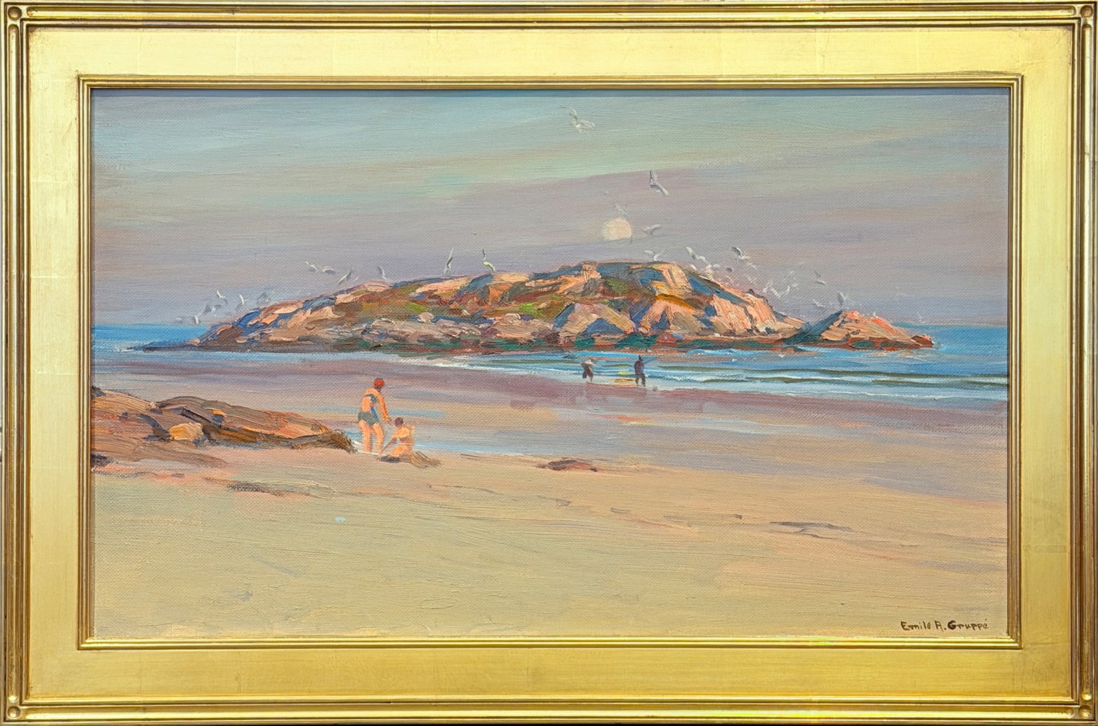 Emile Albert Gruppe: American, 1896-1978 Moonlight, Salt Island Signed Emile A. Gruppe (lr); titled and inscribed on the reverse 18 x 30 inches Framed 23 1/2 x 35 1/2 inches Provenance: James D. Julia, Fairfield, Maine,