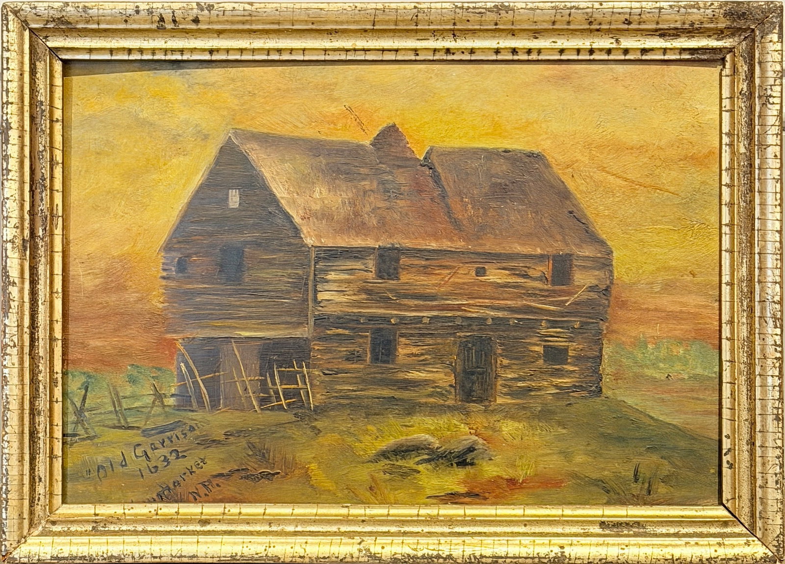 American School: Late 19th century The Smith Garrison, Newmarket, New Hampshire Oil on board Identified in an inscription lower left and in an ink on paper handwritten note on the reverse. 9 x 13 inches Framed 10 1/4