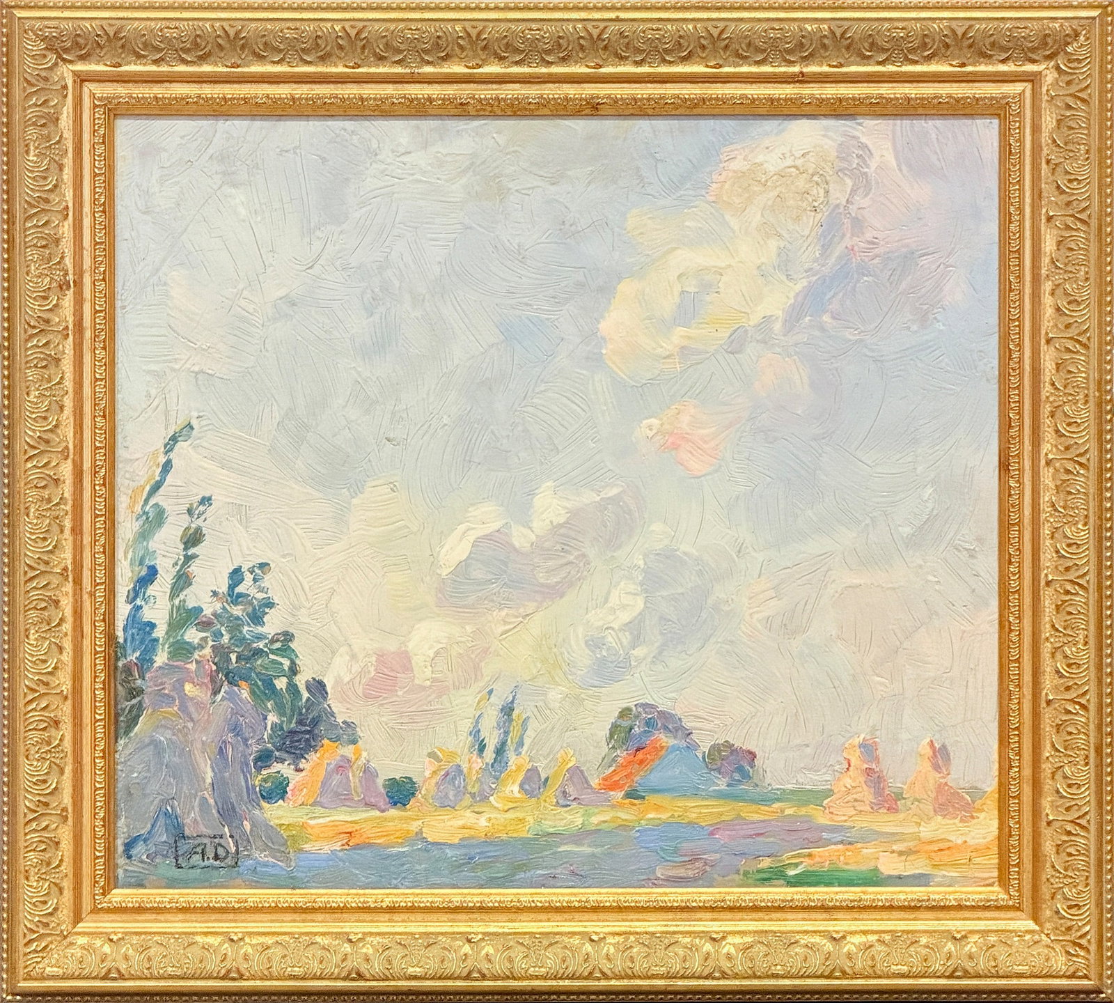 American School: 20th Century Summer Clouds Signed AD (ll) Oil on board 11 x 12 1/2 inches Framed 14 x 15 1/2 inches