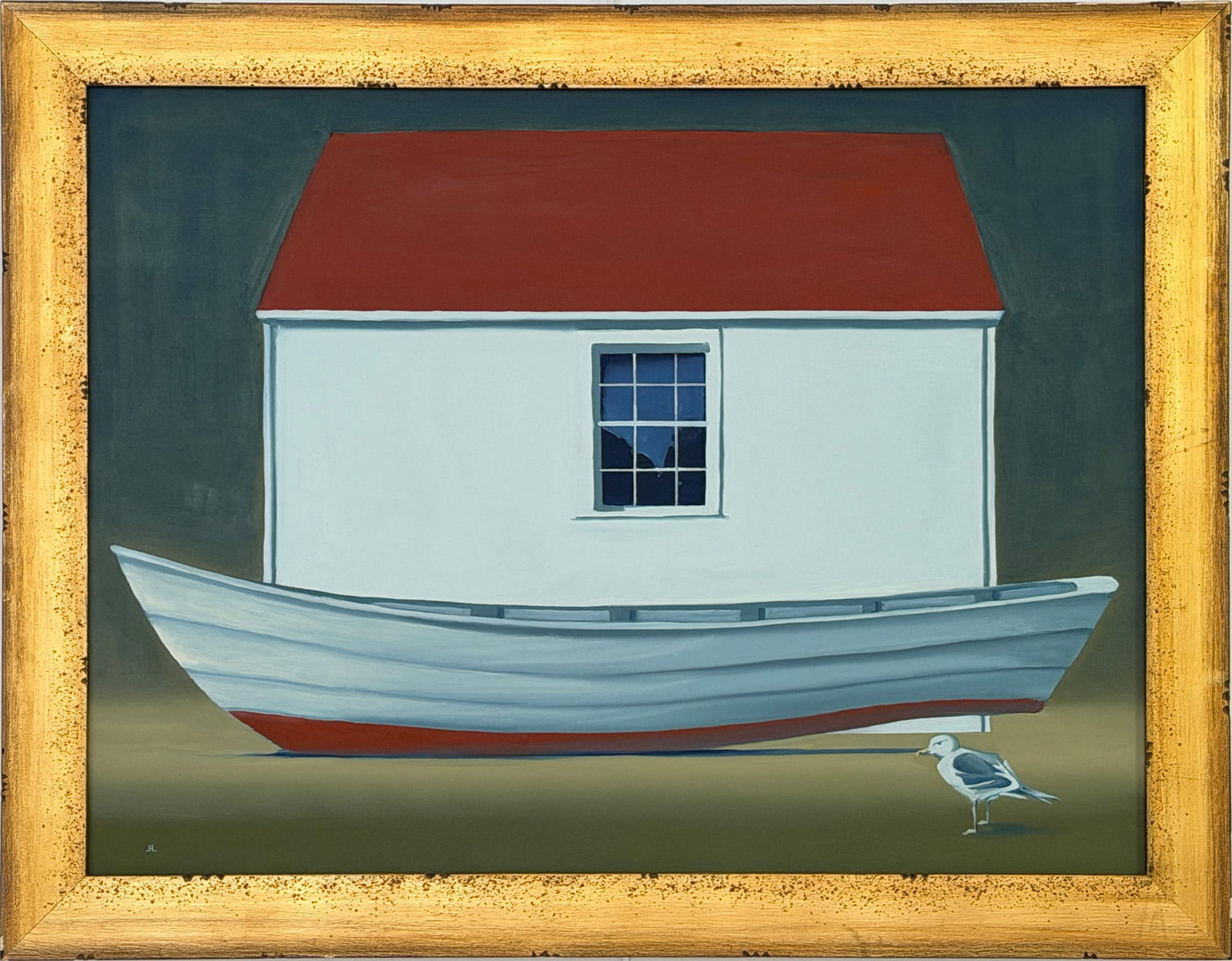 Jamie Holbrook LaFleur: American, b. 1975 Dory and Seagull Signed JHL (ll) Oil on canvas 30 x 40 inches Framed 35 3/4 x 45 3/4 inches