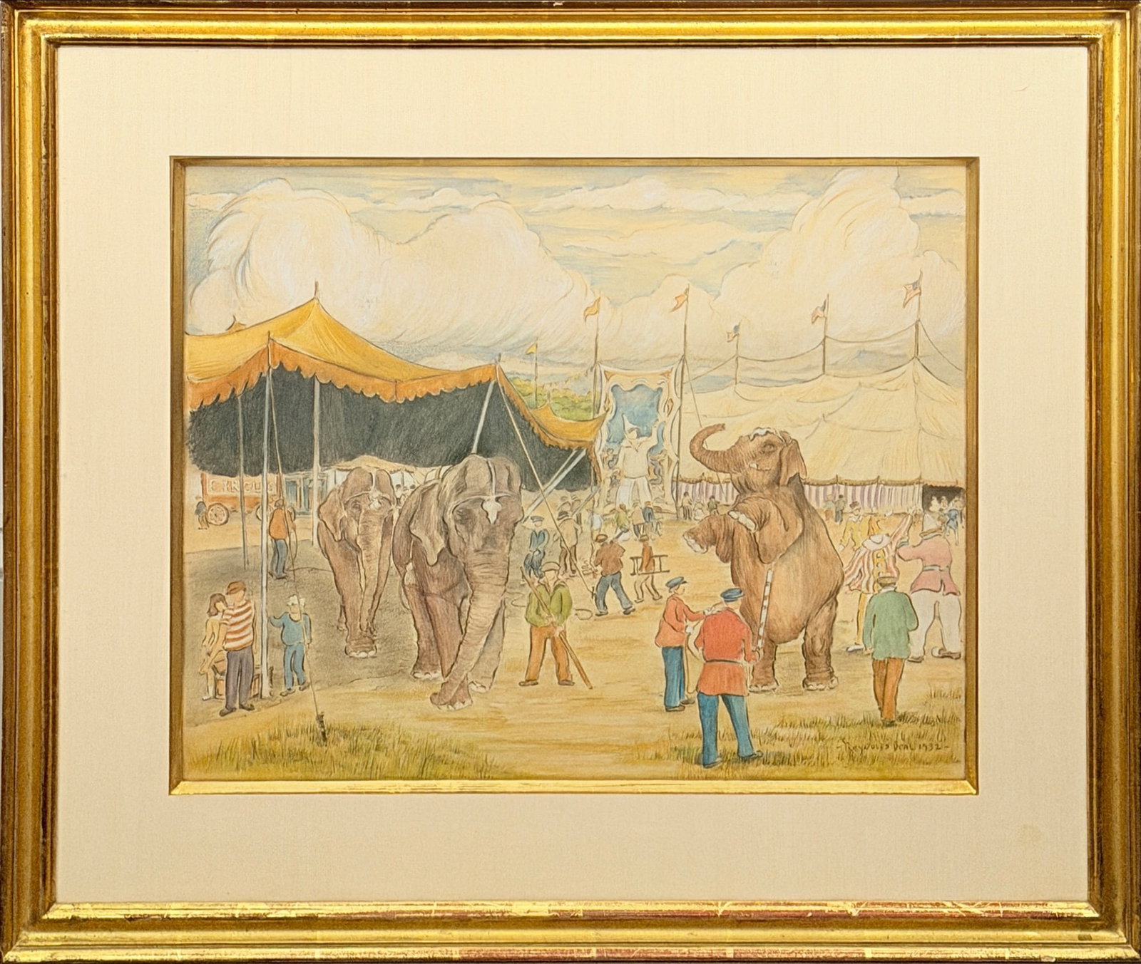 Reynolds Beal: American, 1866-1951 Setting Up the Circus, 1932 Signed and dated Reynolds Beal 1932 (lr) Mixed media Sight 14 1/4 x 18 inches Framed 22 1/2 x 26 inches Provenance: James D. Julia, Fairfield, Maine,