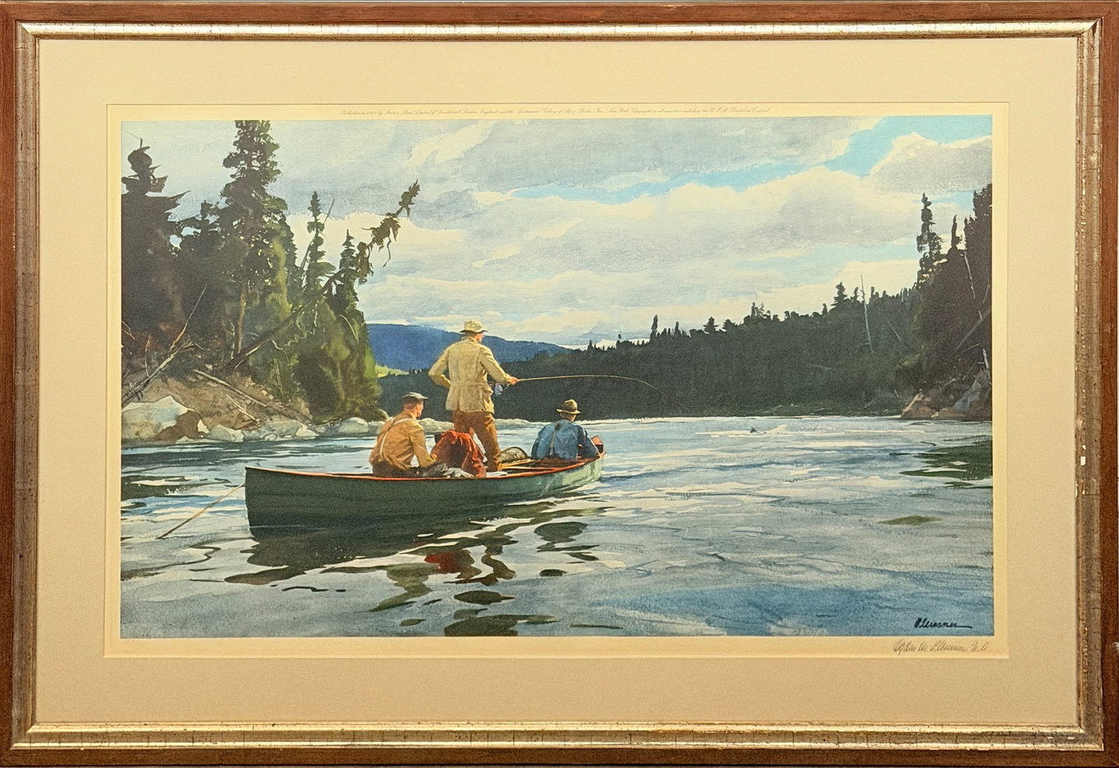Ogden Minton Pleissner (1904-1983): RISING SALMON Color offset lithograph, 1961, signed in pencil, published by Frost & Reed, Ltd. and the Sportsman's Gallery of Art and Books, Inc., framed. Image 16 1/4 x 26 1/2 inches; 41.3 x