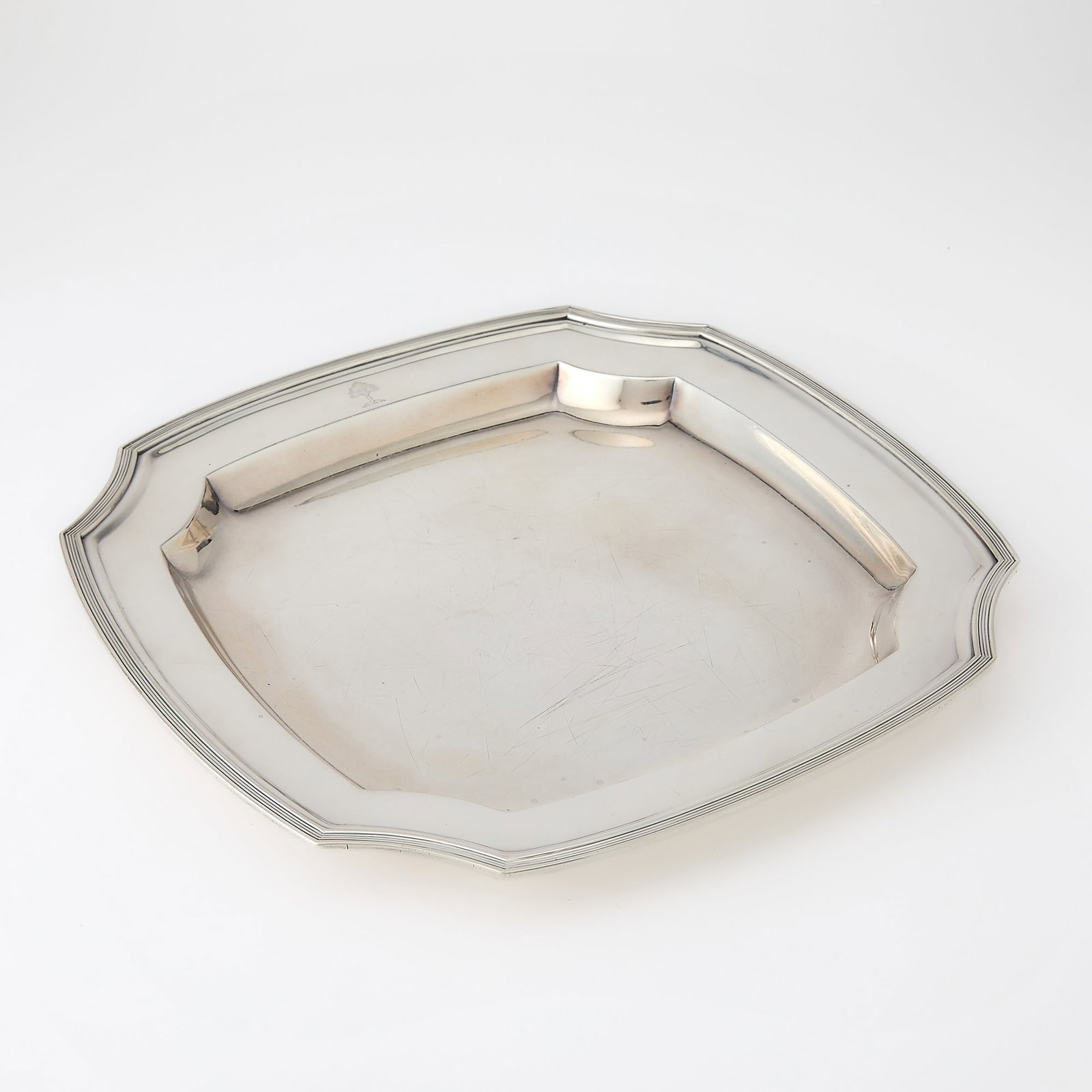 Tiffany & Co. Sterling Silver Tray: 1907-1938 Square with shaped corners and reeded band. 13 Inches, square, approximately 36 ounces.