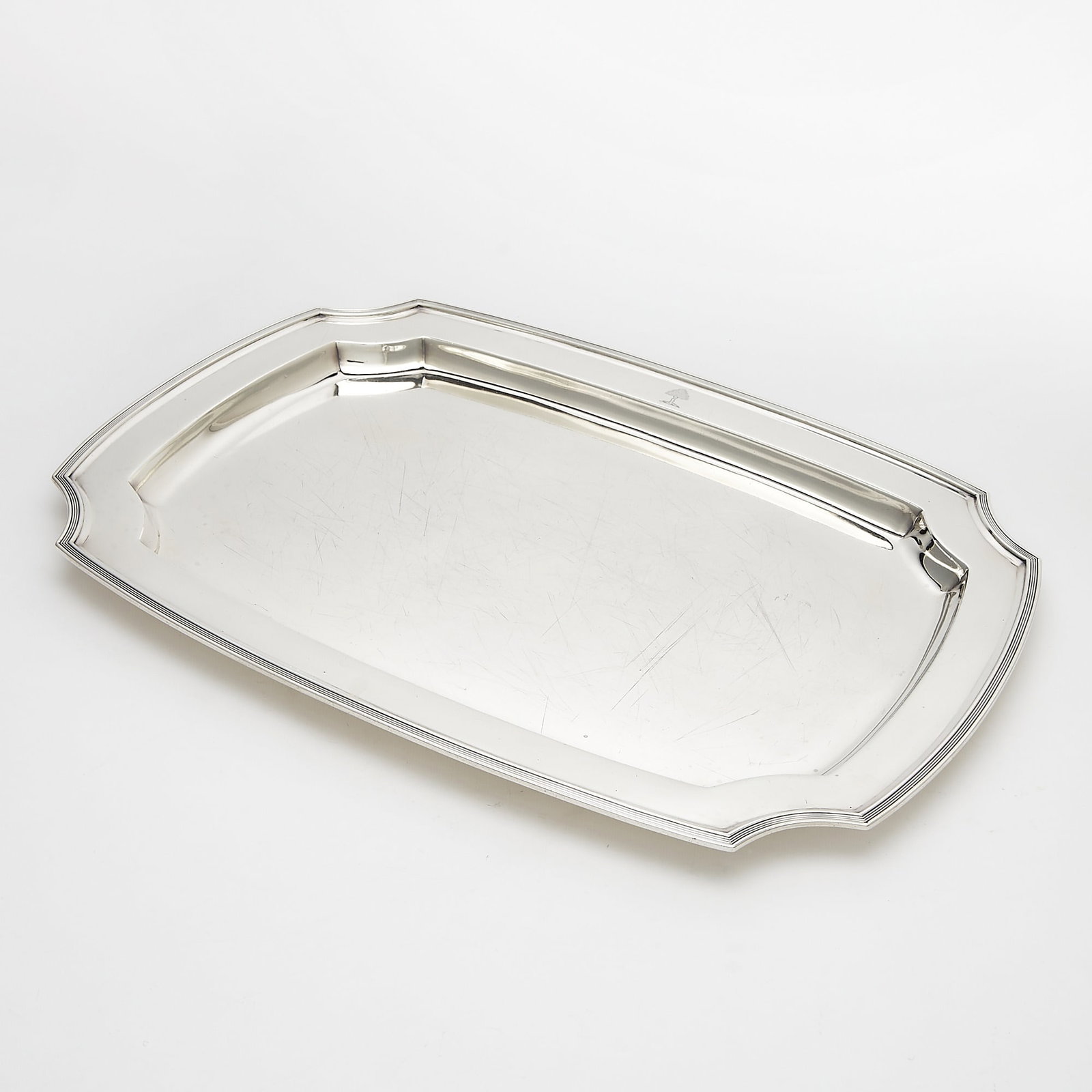 Tiffany & Co. Sterling Silver Tray: 1907-1938 Rectangular with shaped corners and reeded border. Length 20 inches, approximately 75 ounces.