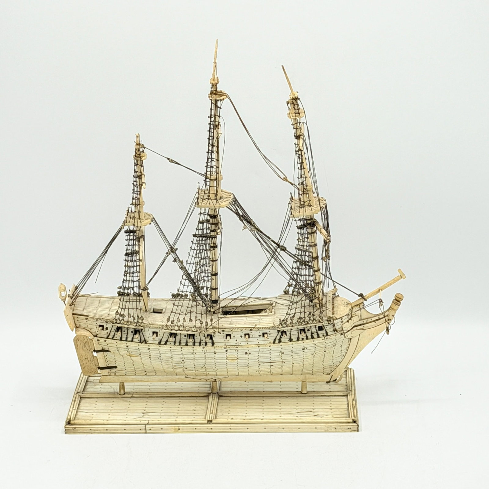 Diminutive French Prisoner-of-war Bone and Ebony Ship?s Model on Stand (1 of 15)