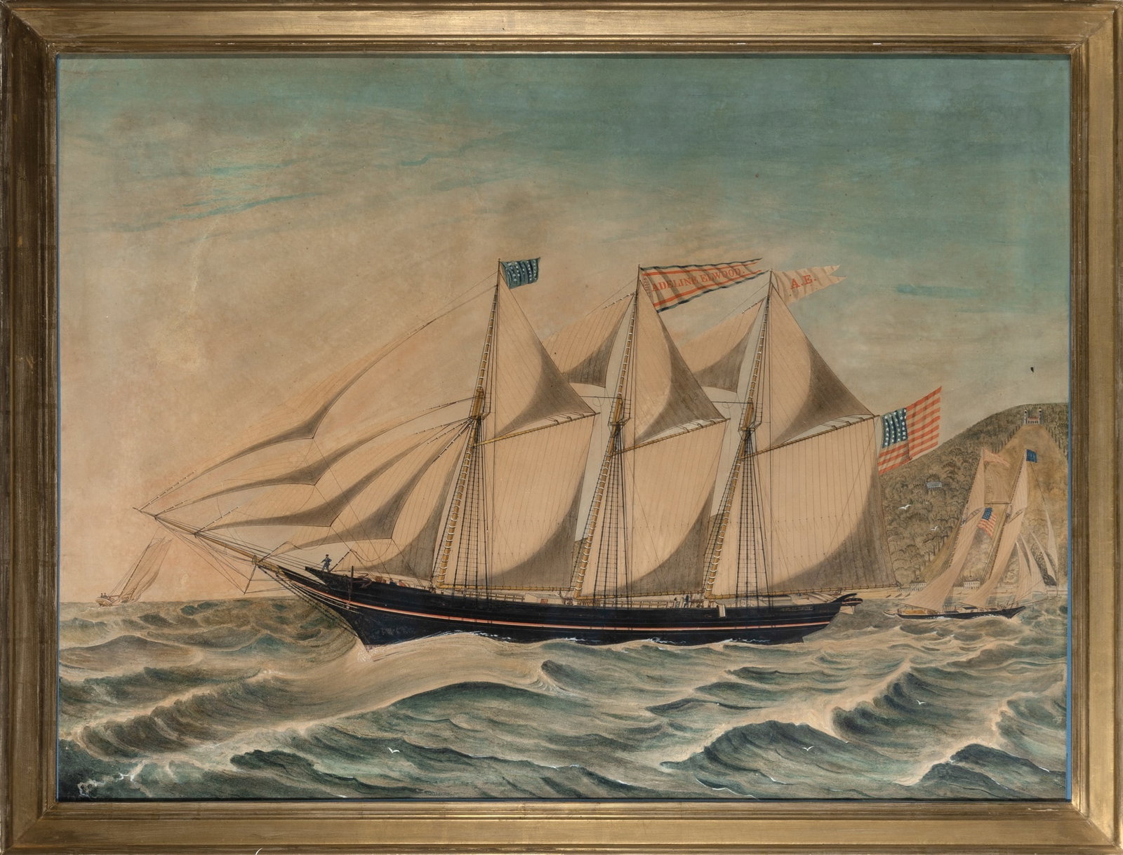 Attributed to Jurgen Frederick Huge: Schooner Adeline Elwood, circa 1870 Watercolor on paper 29 1/4 x 39 3/8 inches Framed 33 x 43 inches Provenance: Collection of Mr. and Mrs. Peter Tillou, Litchfield, CT (attributed to Huge) Smith