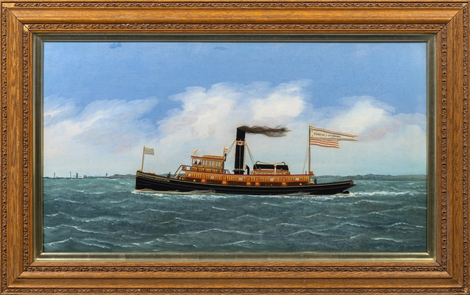 Attributed to Thomas H. Willis: Portrait of The Edward J. Berwind Oil and needlework on canvas Sight 19 1/4 x 35 1/2 inches Framed 27 x 43 1/4 inches The Edward J. Berwind was built circa 1900 as an ocean-going tugboat that