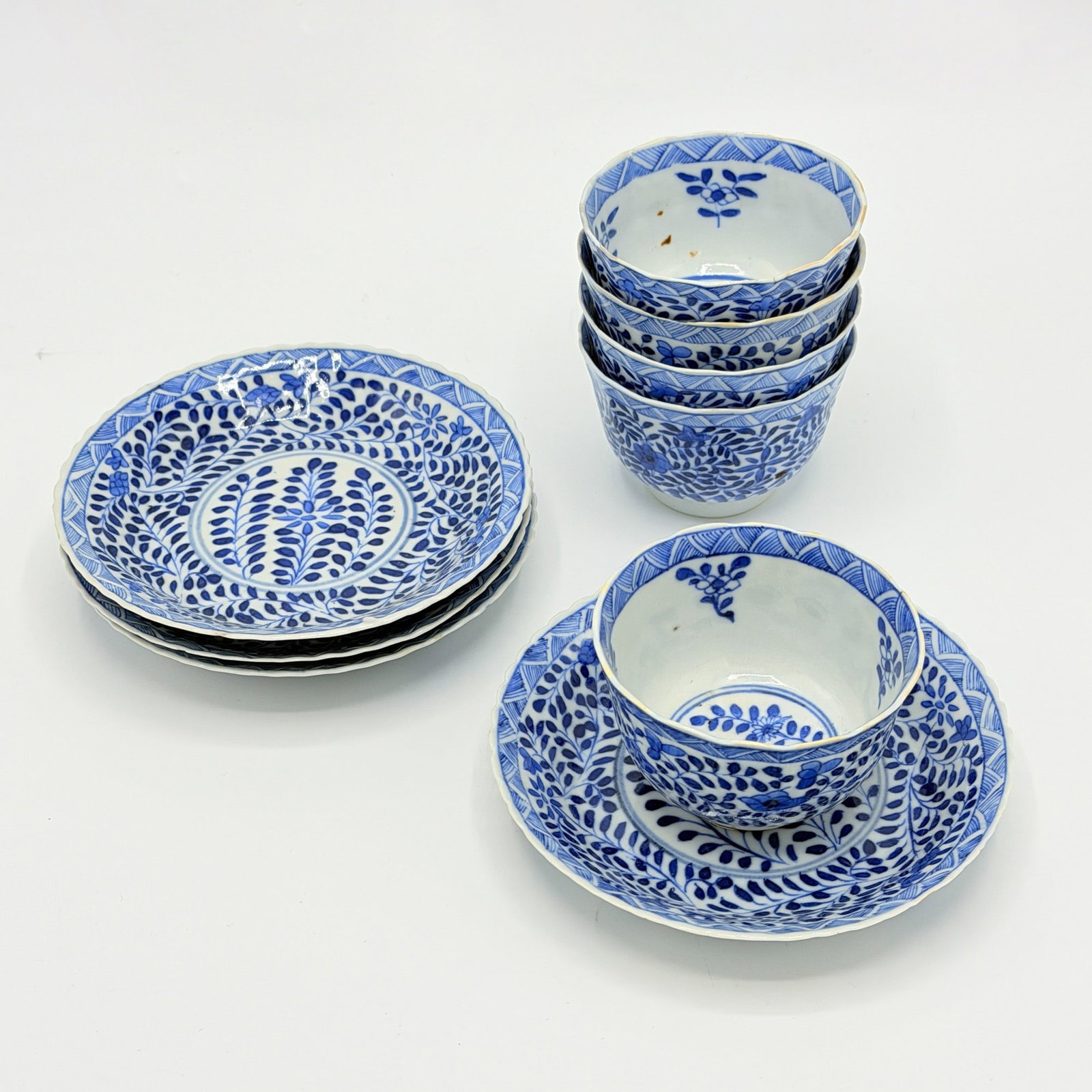 Group of Chinese Blue and White Porcelain: 18th and 19th centuries Comprising five teabowls and four matching saucers. Diameter of saucer 5 inches.