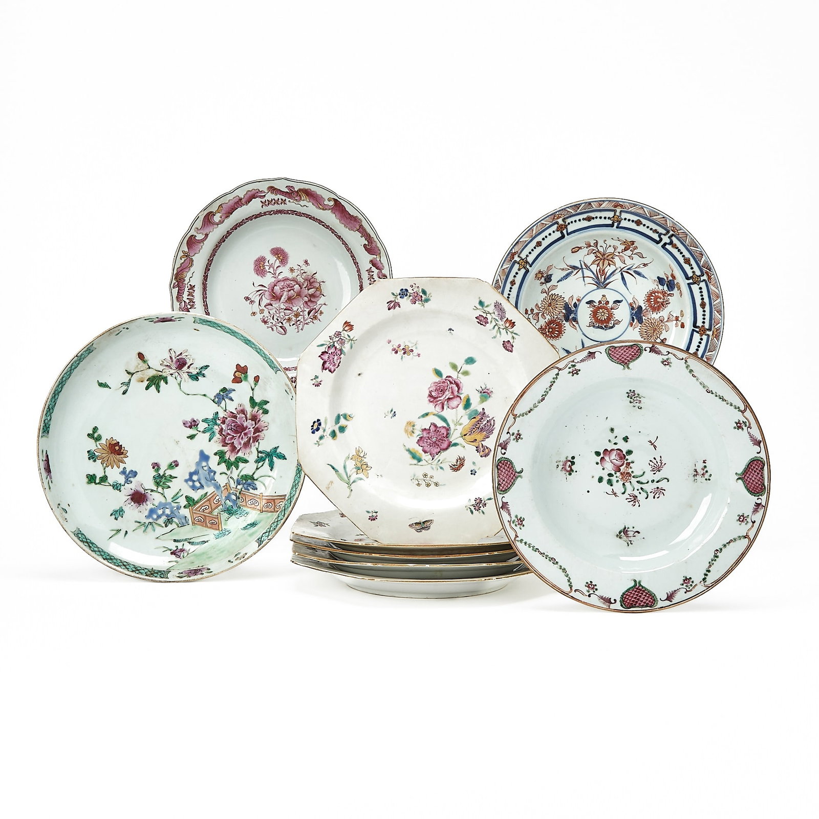 Set of Five Chinese Export Porcelain Famille Rose Hexagonal Plates: 18th century Each plate with enameled floral blooms to the centers and rims, interspersed with insects. Diameter 9 1/2 inches. Together with four varied Chinese export plates, including two soup plate