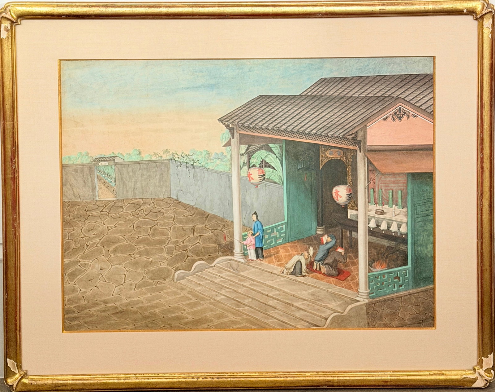 Two Chinese Export Paintings: 19th Century Depicting a Chinese temple scene and a Chinese street scene with an altar; watercolor on paper; framed. Sight approximately 16 1/2 x 22 inches Framed 23 1/2 x 29 1/4 inches Provenance: