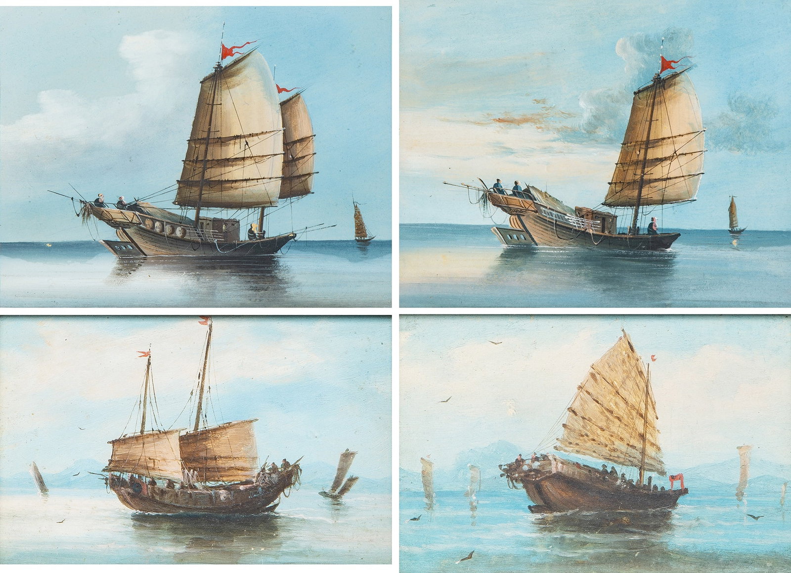 Chinese School, 19th Century: Chinese Junks at Sail: two pairs Gouache The larger, 7 1/4 inches x 9 1/2 inches The smaller, 4 1/2 inches x 7 inches Frames of larger 15 3/4 x 13 1/2 inches.