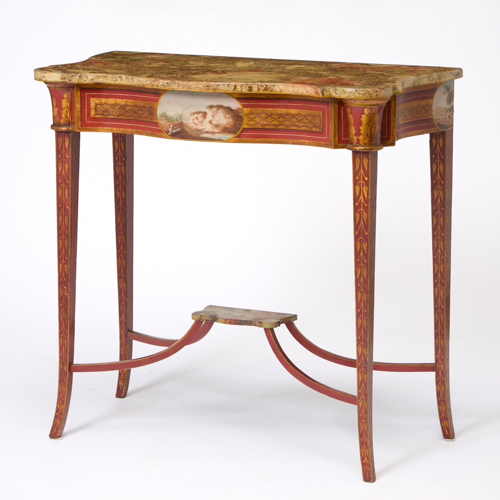 Fine Federal Paint-decorated Pier Table: Baltimore, Maryland, early 19th century With faux marble top above a red-painted and gilt apron centering a landscape panel, the square tapering legs joined by arched stretchers and a small shelf.