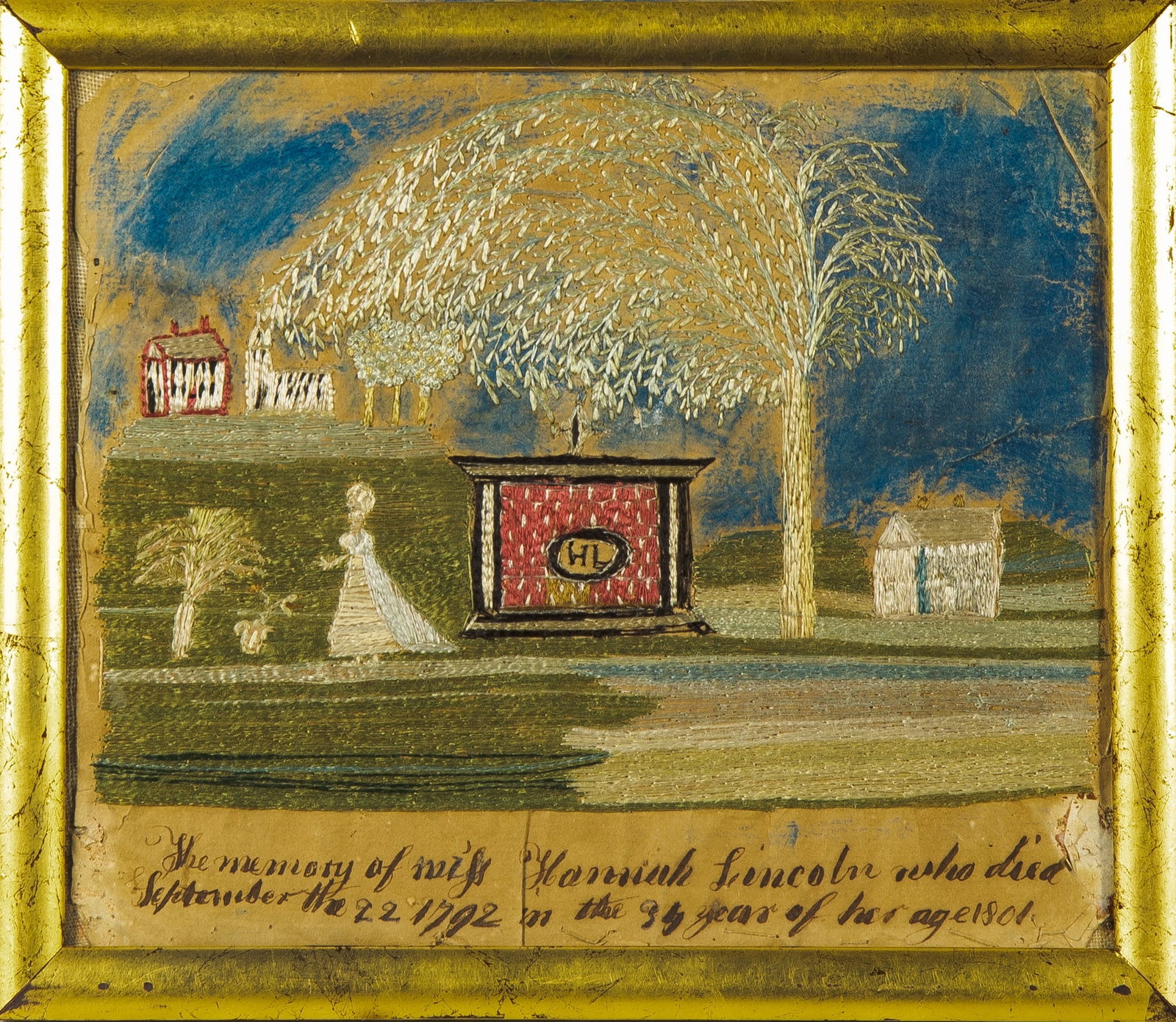 Silk-Embroidered and Painted Mourning Picture: Probably New England, late 18th century Worked in silk threads on paper and linen, centering a red brick monument lettered "HL," and inscribed along the lower edge in part "In Memory of Miss Hannah