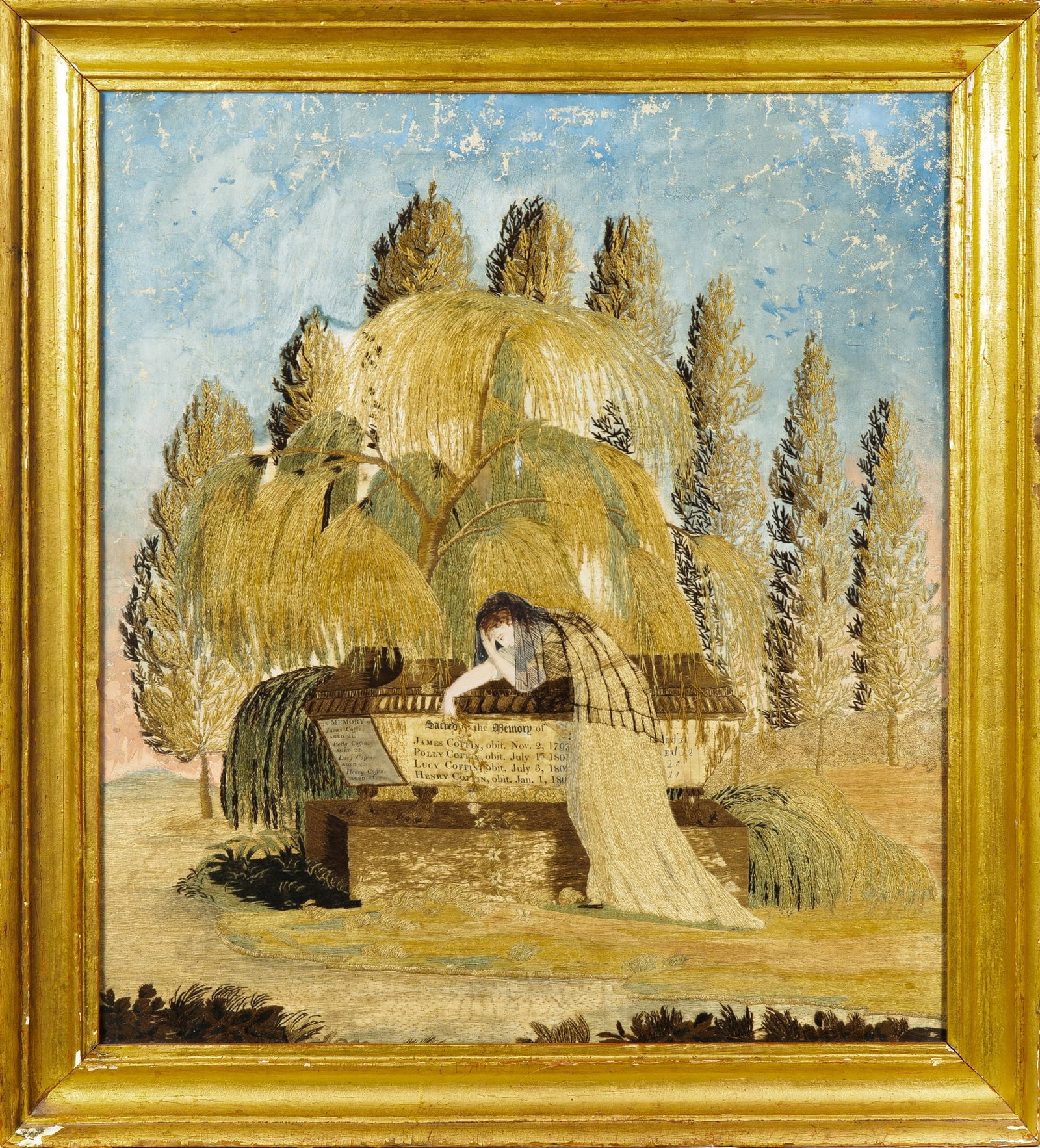 Silk-Embroidered and Painted Mourning Picture: Possibly Nantucket, Massachusetts, early 19th century Worked in silk threads on a paper ground, the central sarcophagus with printed names of the Coffin family, and female figure under a willow.