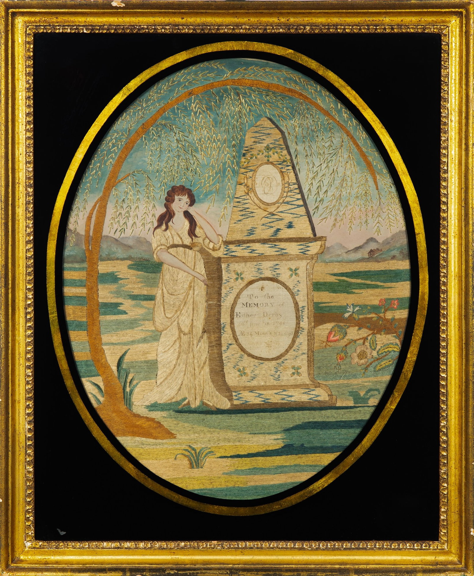 Silk-Embroidered, Painted and Eglomise Mourning Picture: Probably Weymouth, Massachusetts, early 19th Century Worked in silk threads and watercolor on a silk ground, depicting a female figure next to a marble monument inscribed "To the Memory of Esther