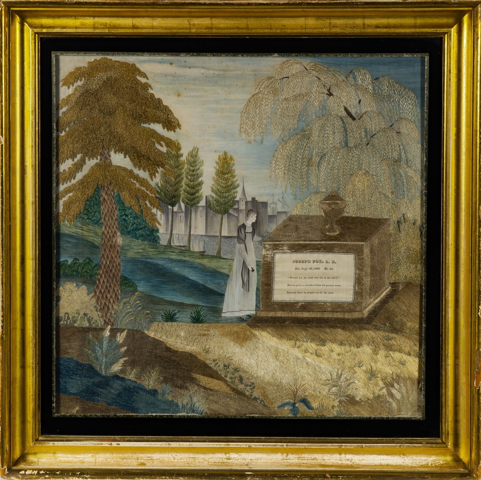 Silk-Embroidered and Painted Mourning Picture: Probably Massachusetts, early 19th century Worked in silk threads on a silk ground, with urn-topped monument under a willow tree with printed lettering "JOSEPH FOX." Sight of glass 21 1/2 inches x 21