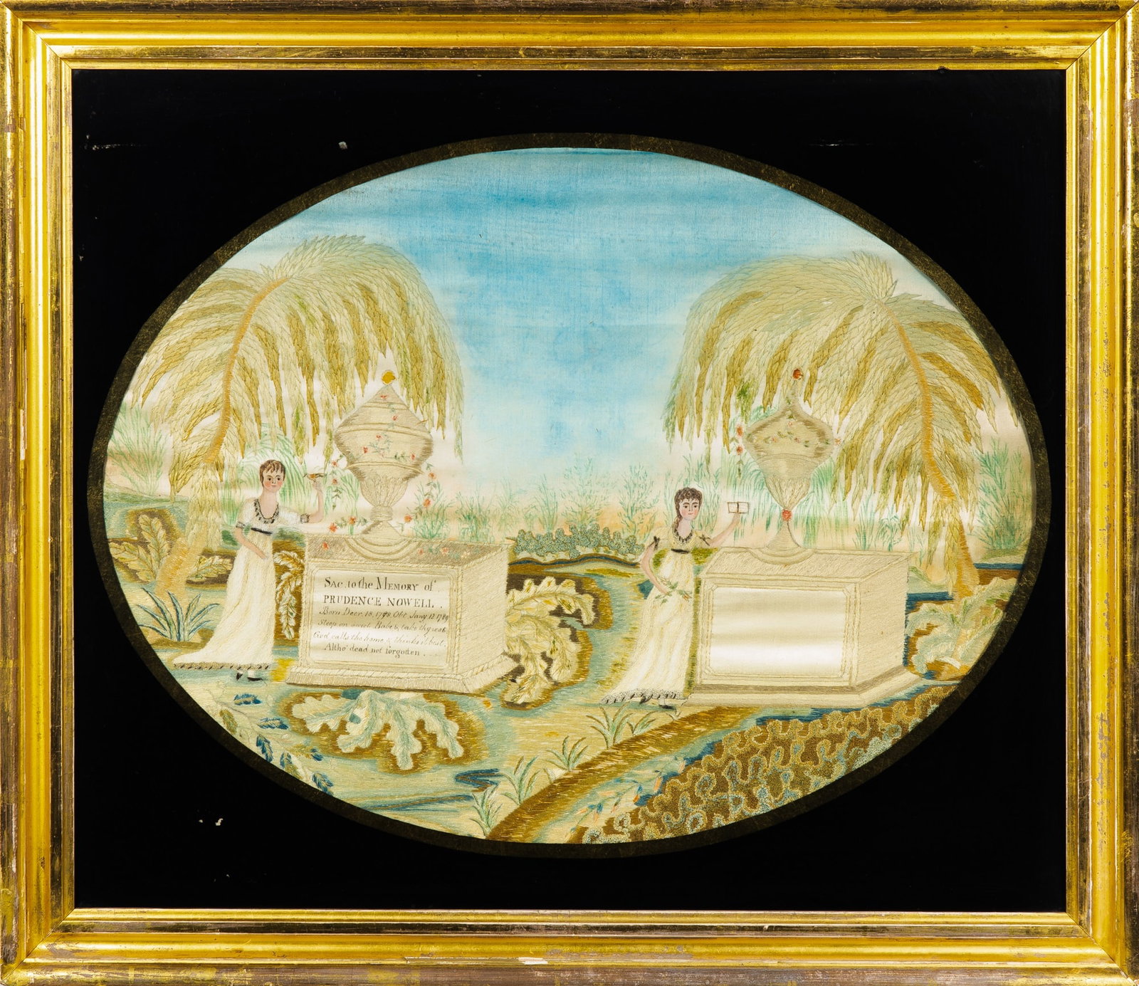 Silk-Embroidered and Painted Mourning Picture: Probably Field Academy, Newbury, Massachusetts, late 18th/early 19th century Worked in silk threads on a silk ground, with two urn-topped monuments, one lettered "Sacred to the Memory of Prudence