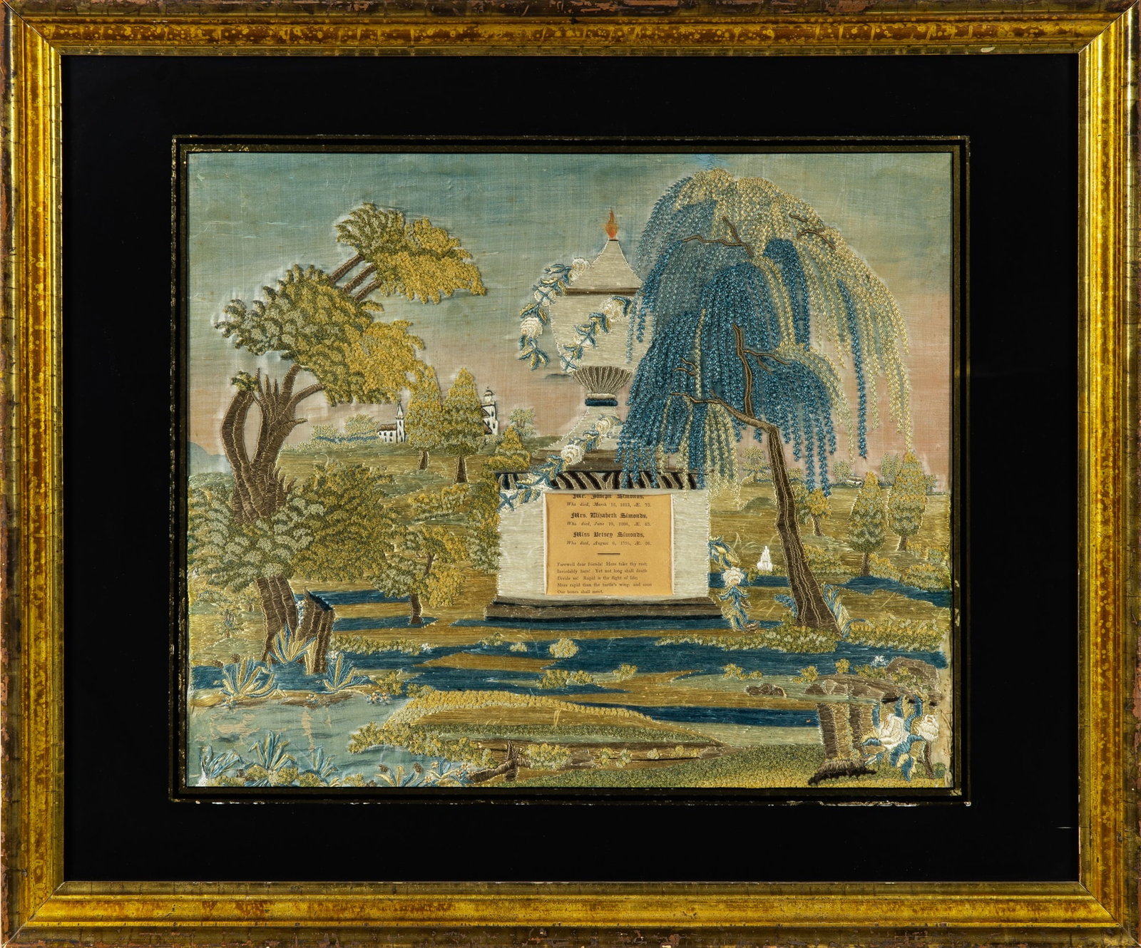 Silk-Embroidered and Watercolor Mourning Picture: Probably Massachusetts, early 19th Century Worked in silk threads on a silk ground, with central urn-topped monument draped with a rose garland, printed applied paper lettered with names of members