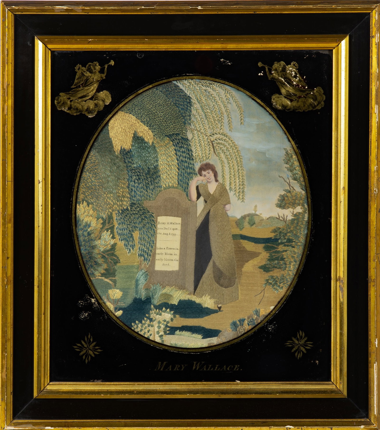Silk-Embroidered and Painted Picture: Mary Wallace, probably Susanna Rowson's School, Boston, Massachusetts, early 19th century Worked in silk threads on a silk ground, the central tombstone lettered for Betsy Wallace, the eglomise may