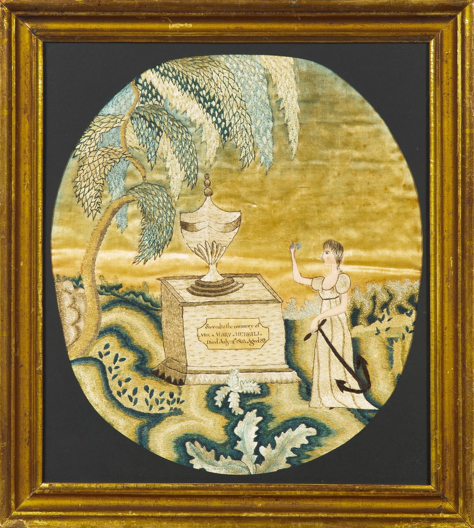 Silk-Embroidered and Painted Mourning Picture: Probably Byfield Academy, Newbury, Massachusetts, early 19th century Worked in silk threads on a velvet ground, depicting Hope with her anchor, and an urn inscribed "Sacred to the Memory of Mrs. Mary