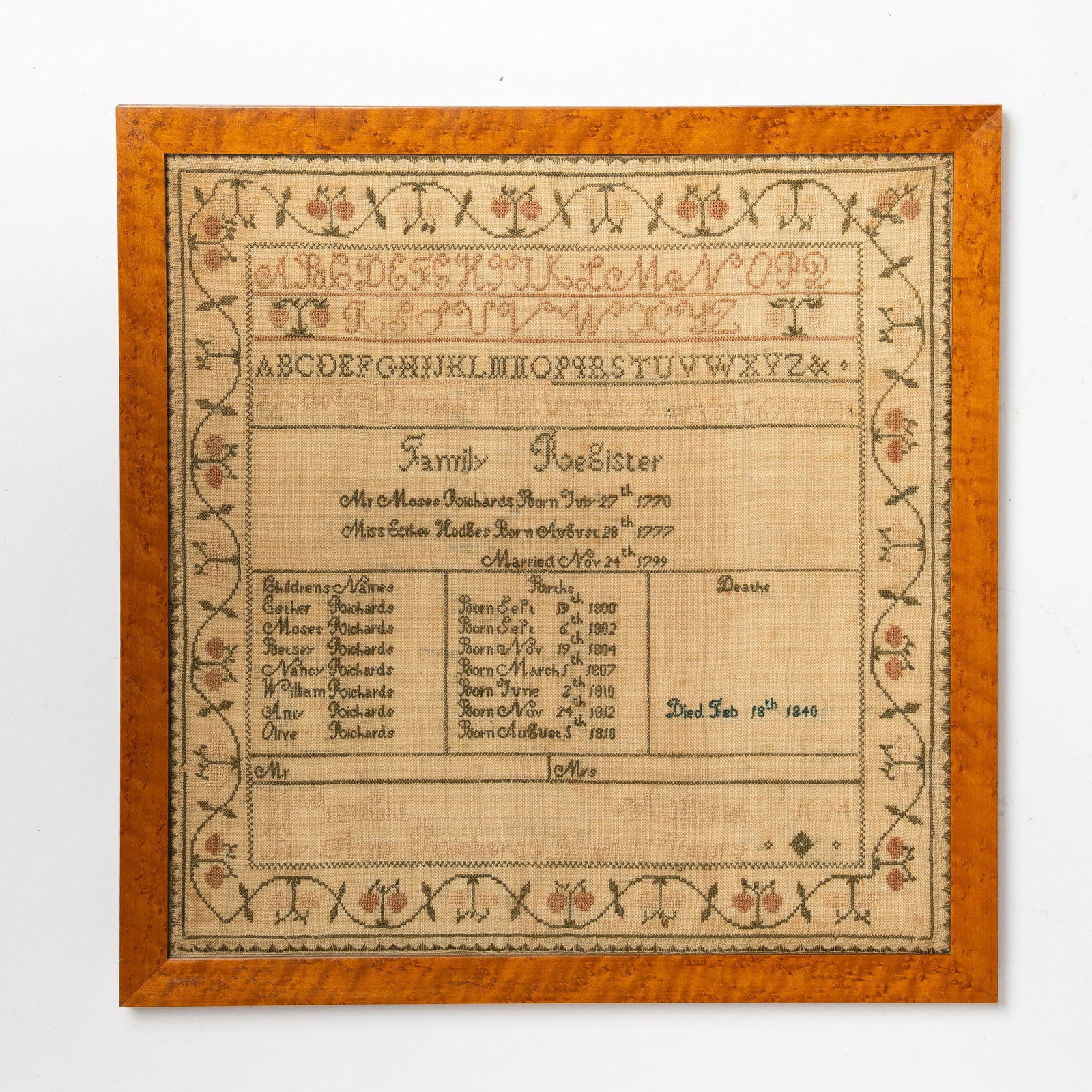 Needlework Sampler Richards Family Register: Sharon, Massachusetts, area, circa 1823 Worked in silk threads on a coarse linen ground, with sawtooth and floral vine border surrounding alphanumeric lines and the vital statistics for members of