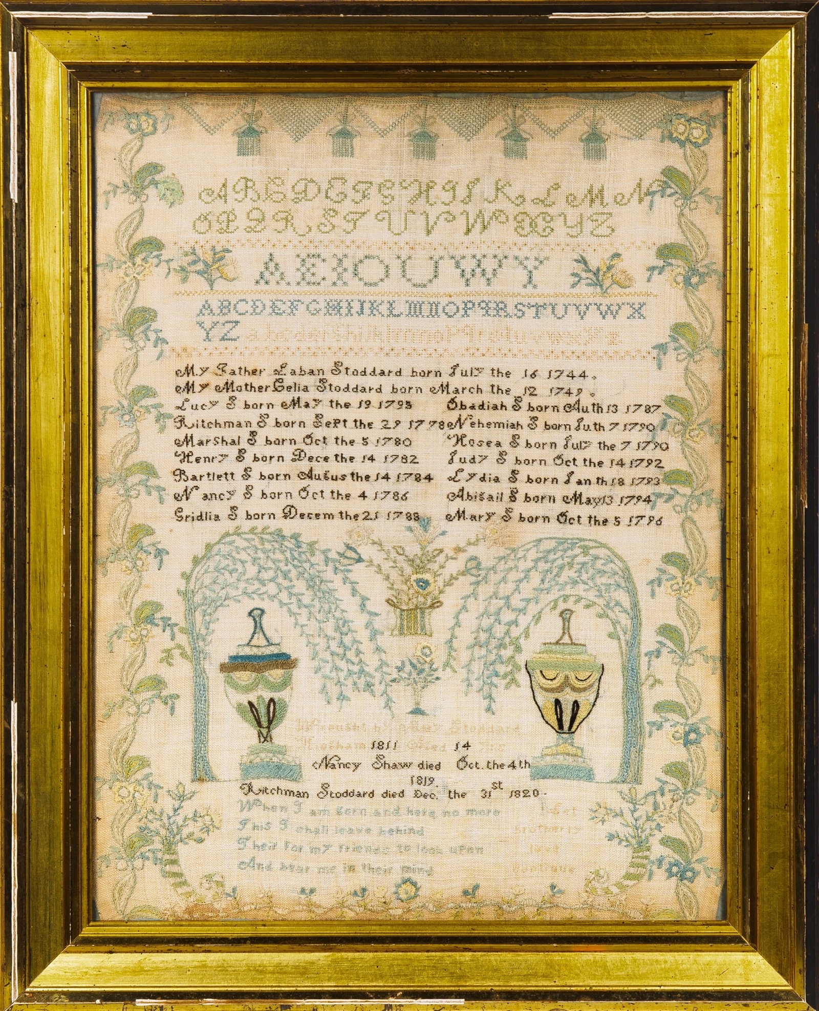 Needlework Mourning "Stoddard" Family Record and Sampler: Mary Stoddard, Hingham, Massachusetts, circa 1811 Worked in silk threads on a linen ground, with border of tassels and cornucopiae, surrounding alphanumeric lines, vital statistics of members of the