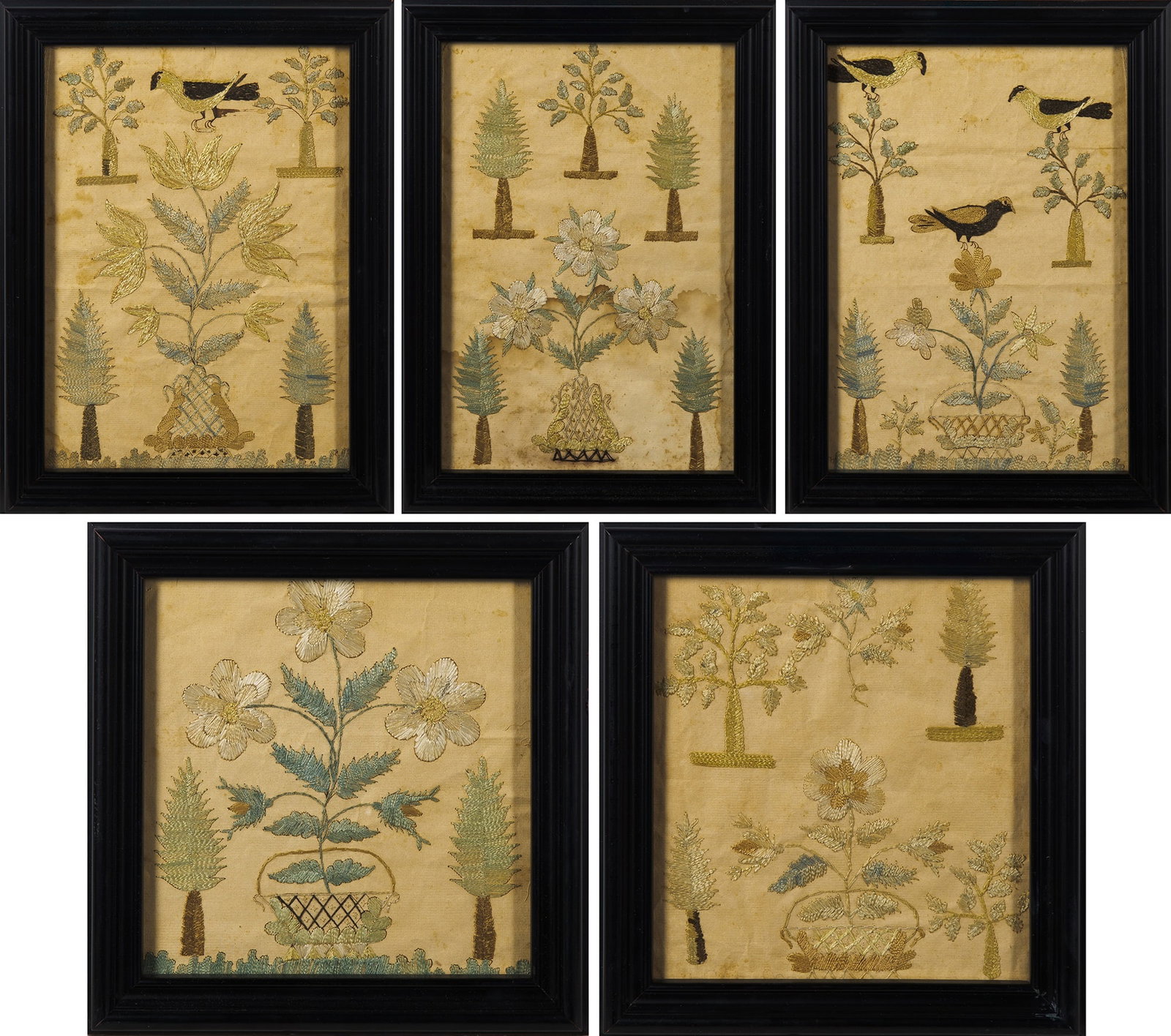 Group of Five Silk-Embroidered Paper Pictures (1 of 6)